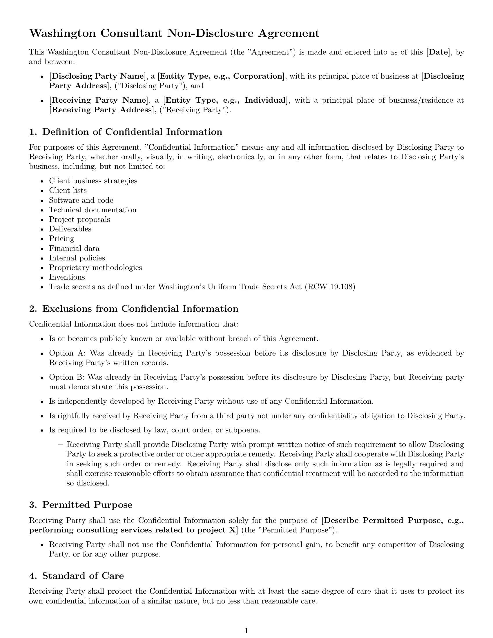 Preview page 1 of Free Washington consultant nda template