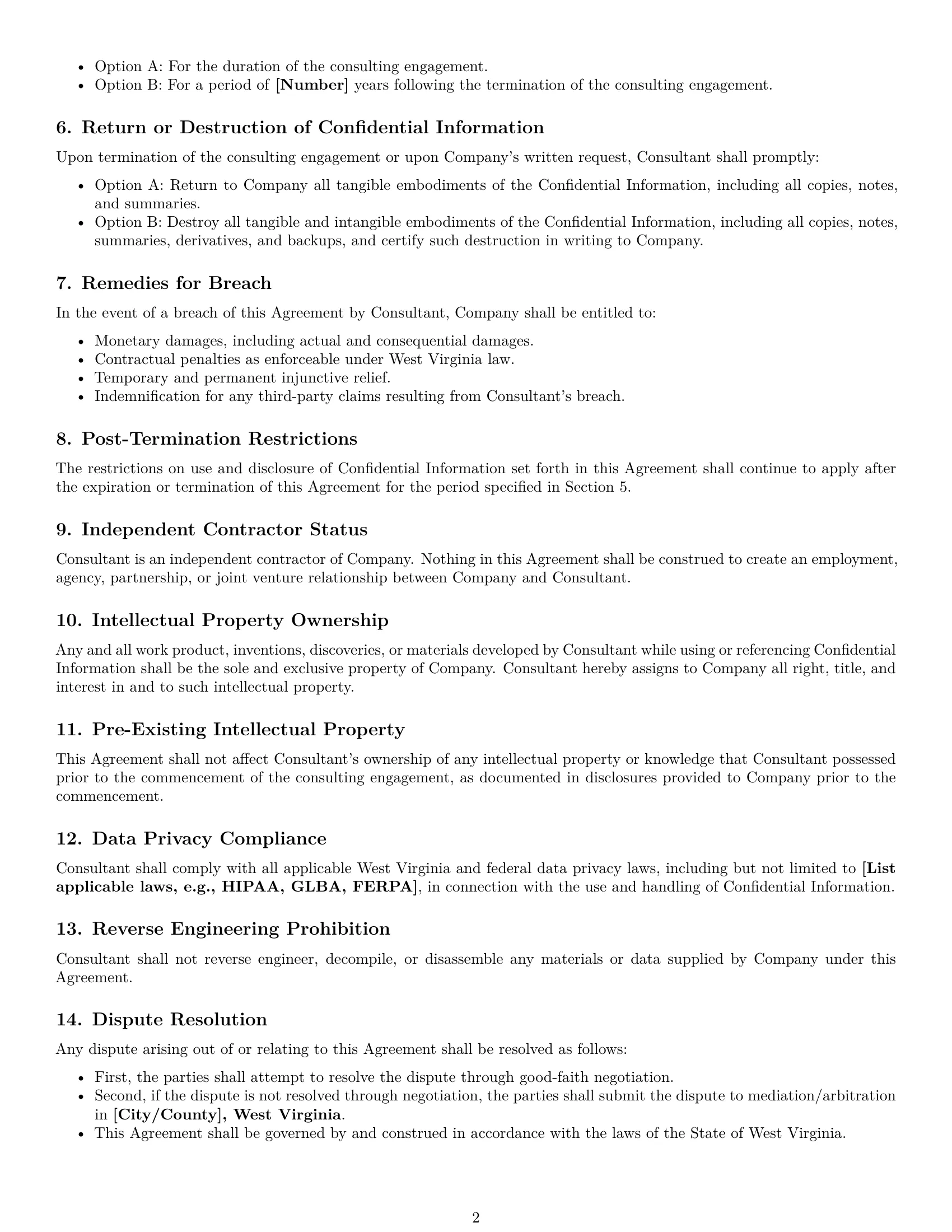 Preview page 2 of Free West Virginia consultant nda template