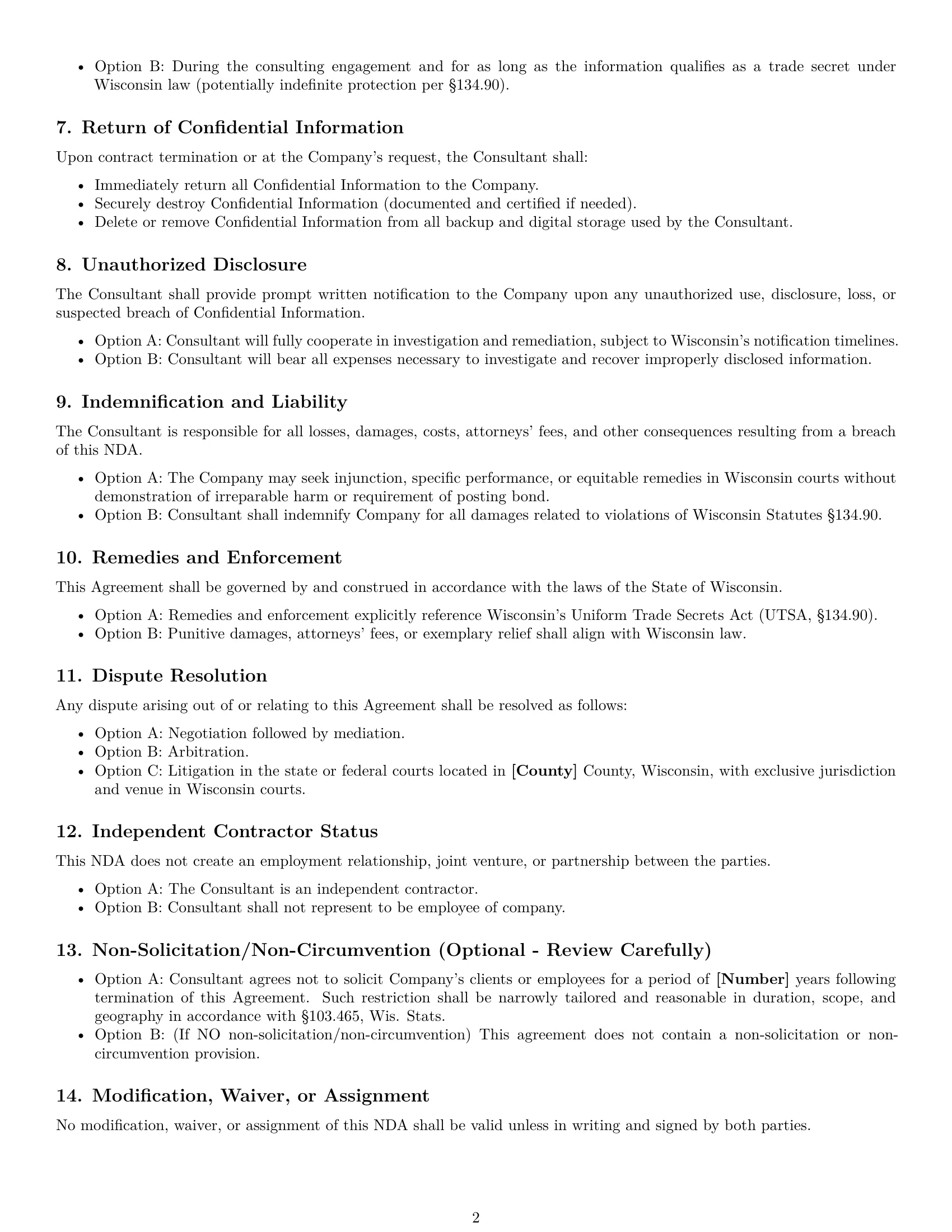 Preview page 2 of Free Wisconsin consultant nda template