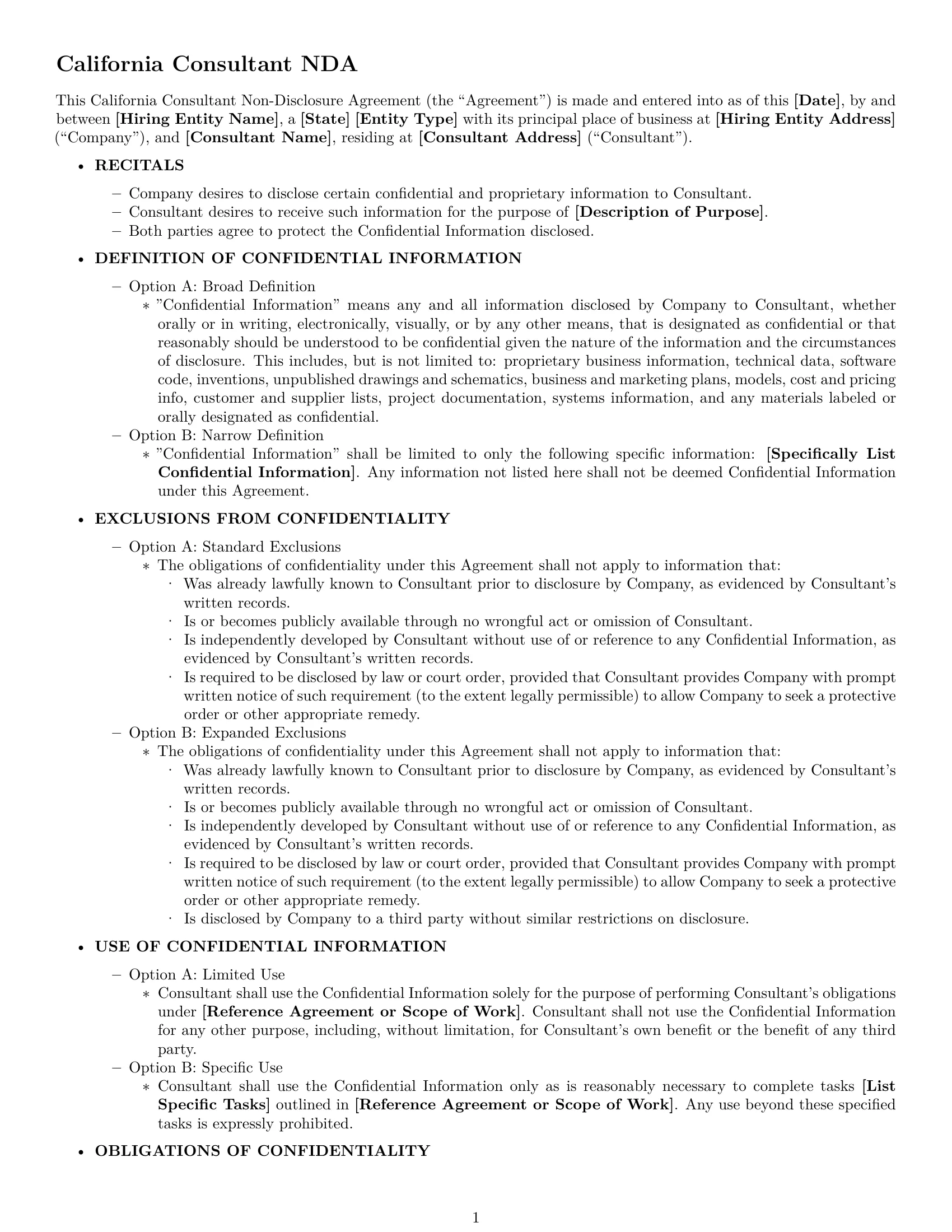 Preview page 1 of Free California consultant nda template