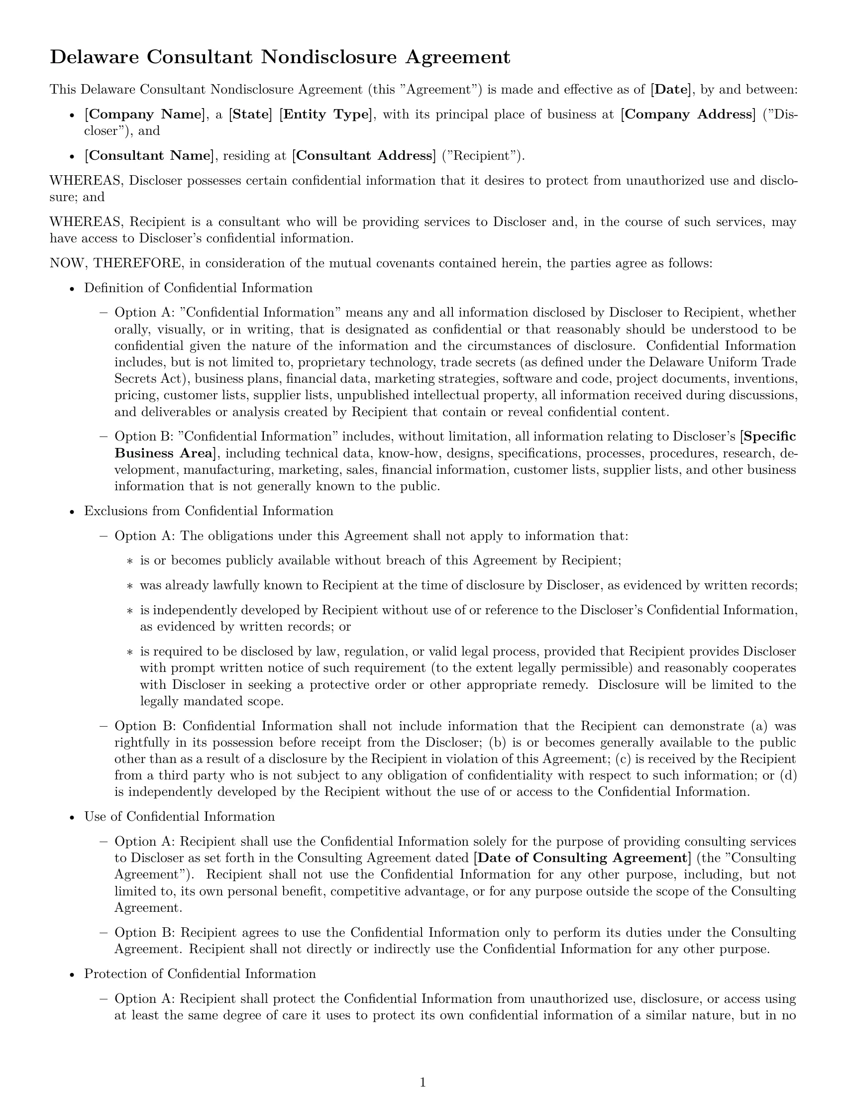 Preview page 1 of Free Delaware consultant nda template