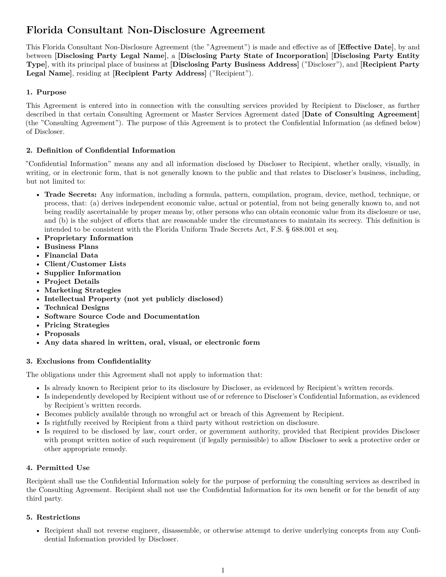 Preview page 1 of Free Florida consultant nda template