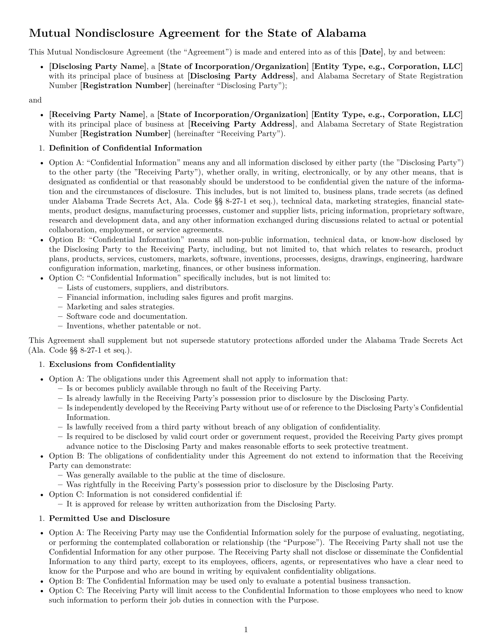 Preview page 1 of Free Alabama mutual nda template