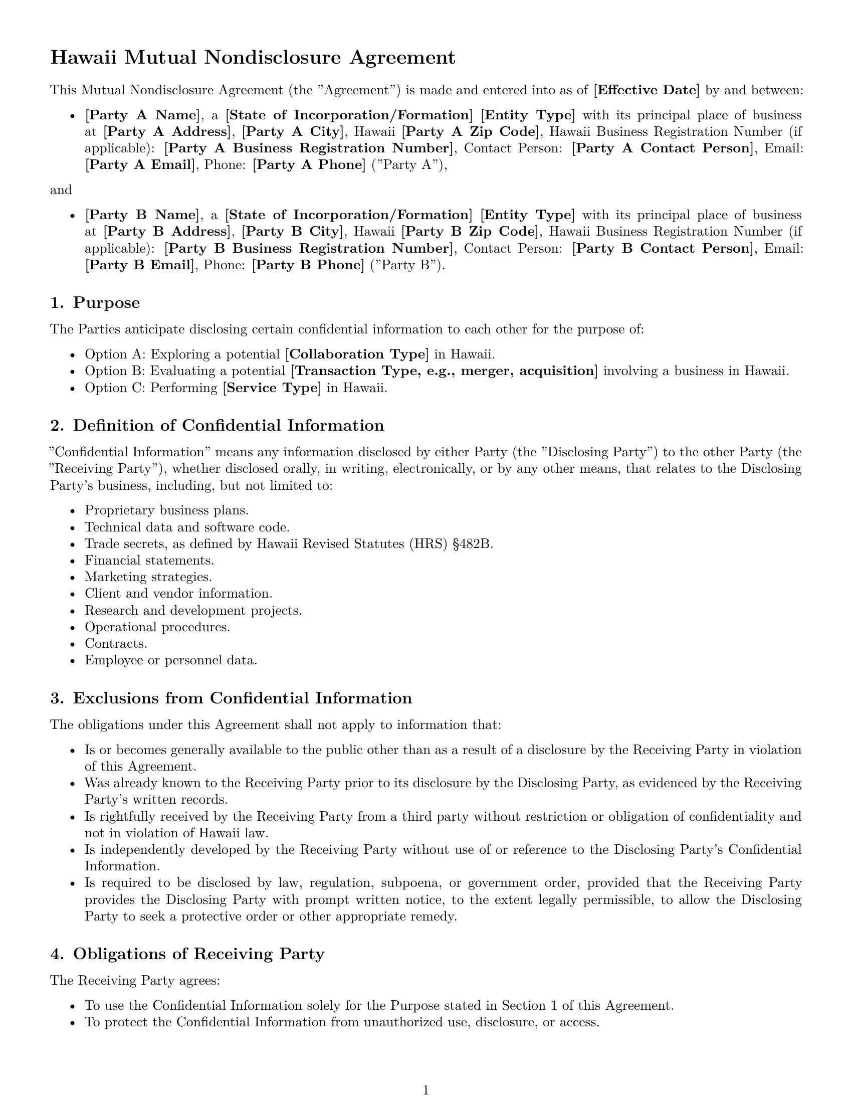 Preview page 1 of Free Hawaii mutual nda template