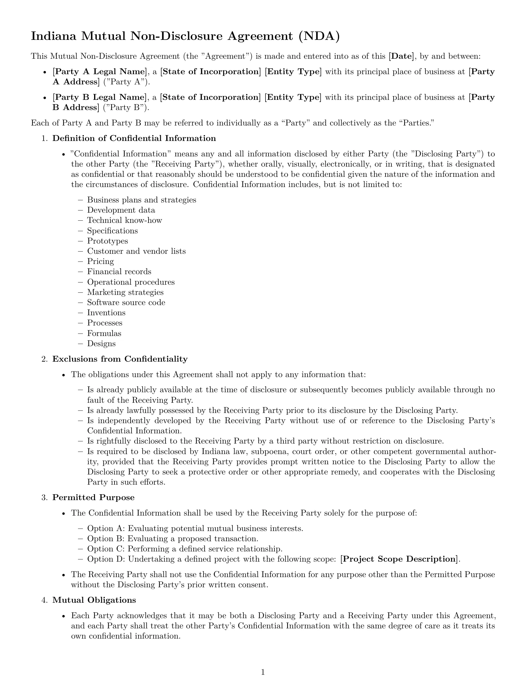 Preview page 1 of Free Indiana mutual nda template