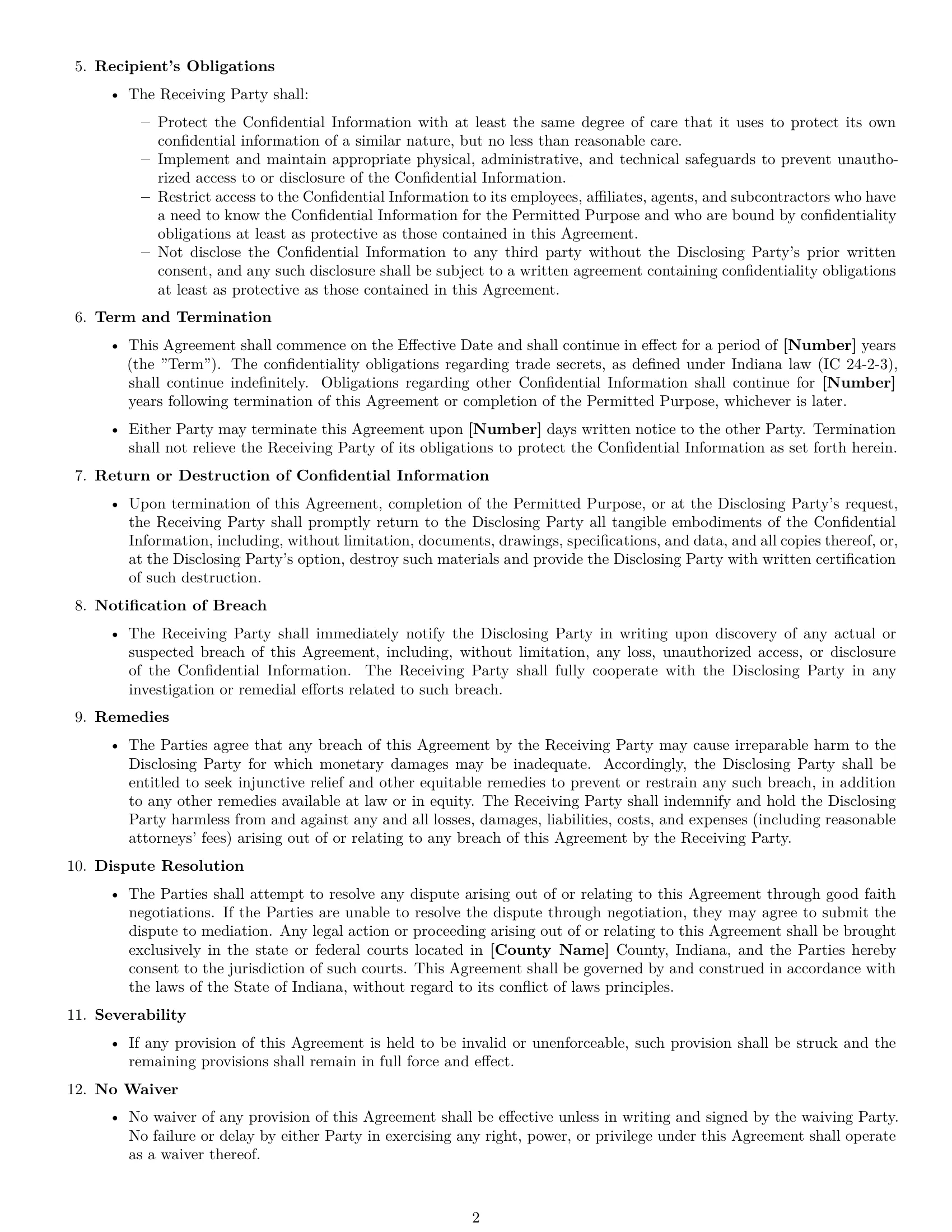 Preview page 2 of Free Indiana mutual nda template