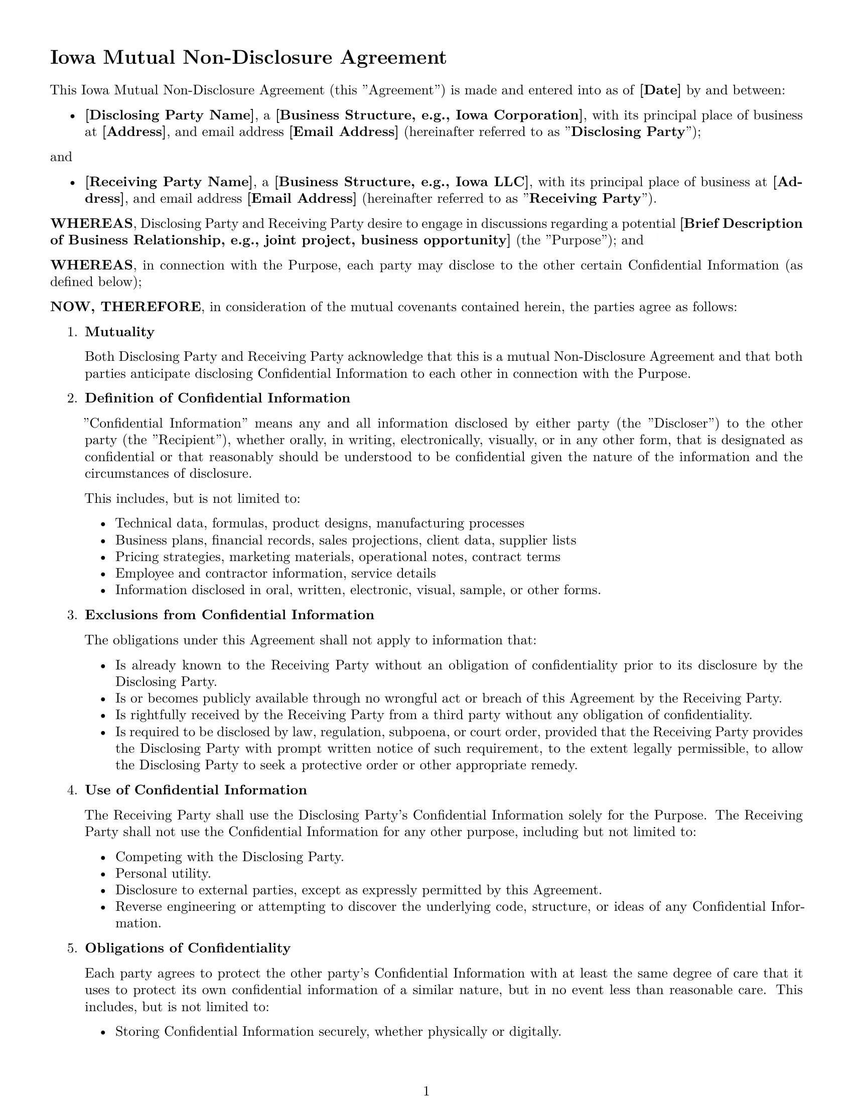 Preview page 1 of Free Iowa mutual nda template