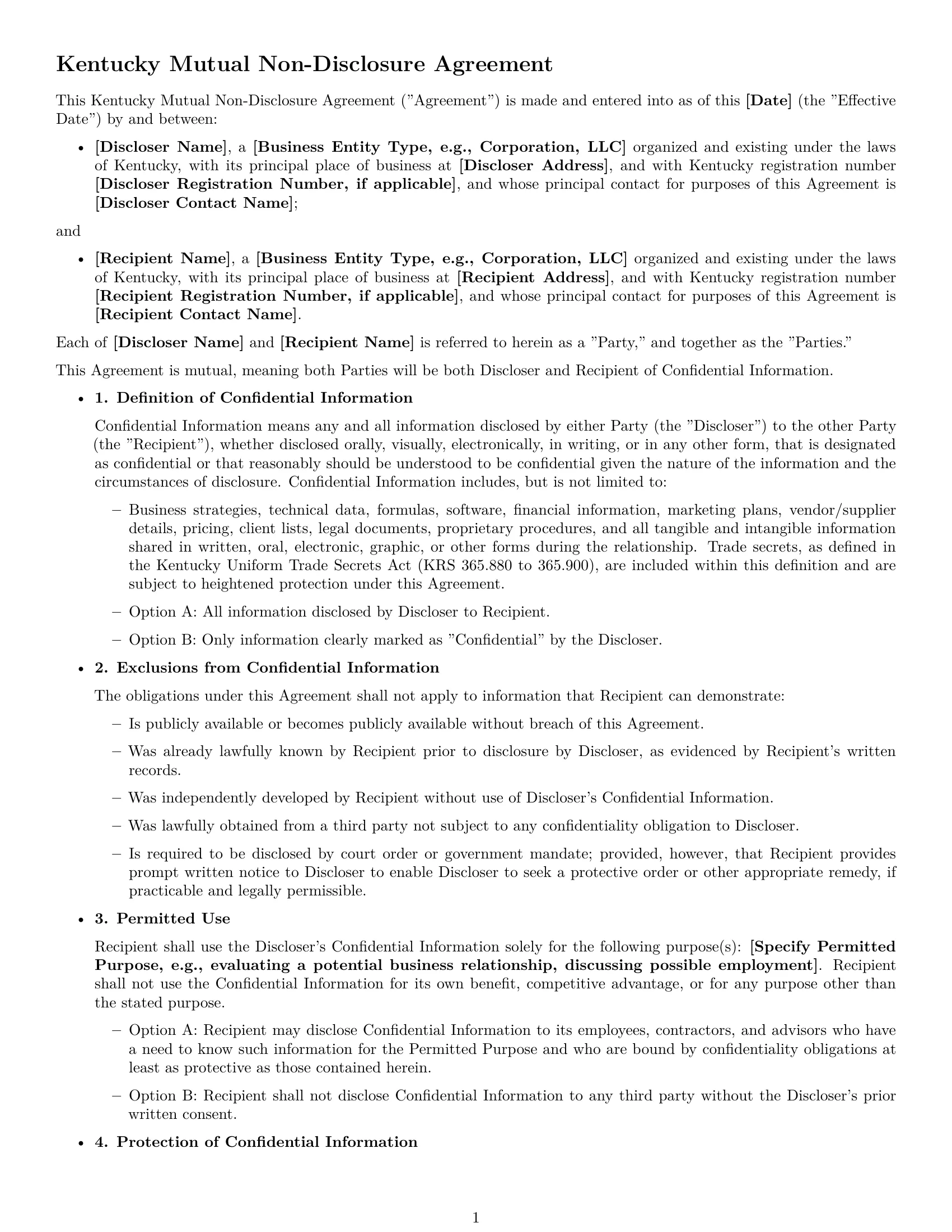 Preview page 1 of Free Kentucky mutual nda template