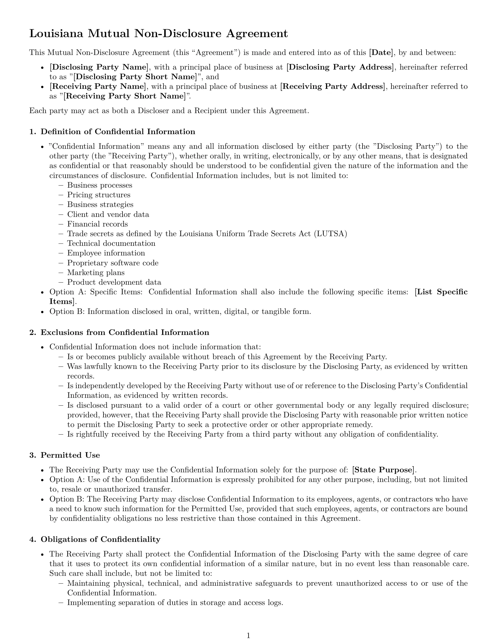 Preview page 1 of Free Louisiana mutual nda template