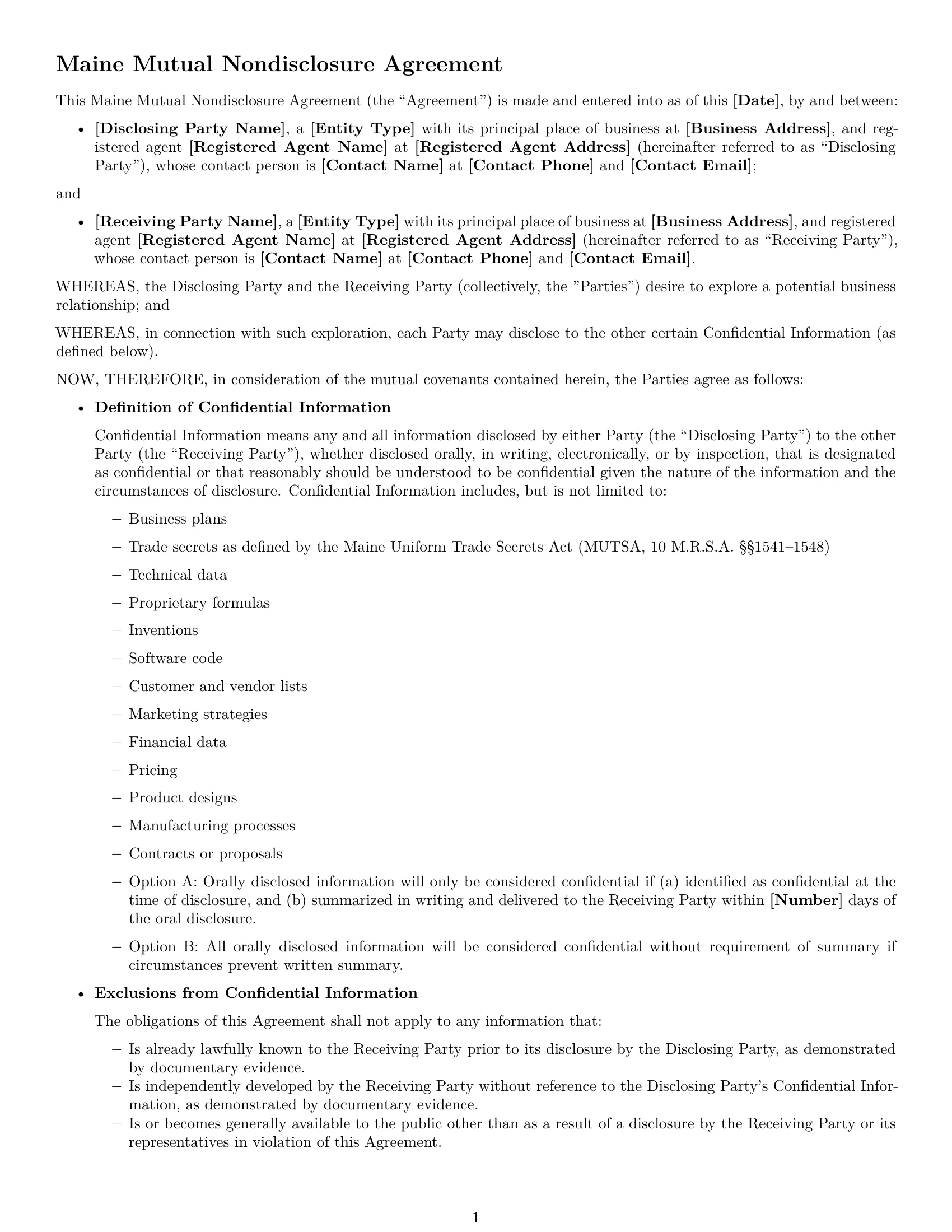 Preview page 1 of Free Maine mutual nda template