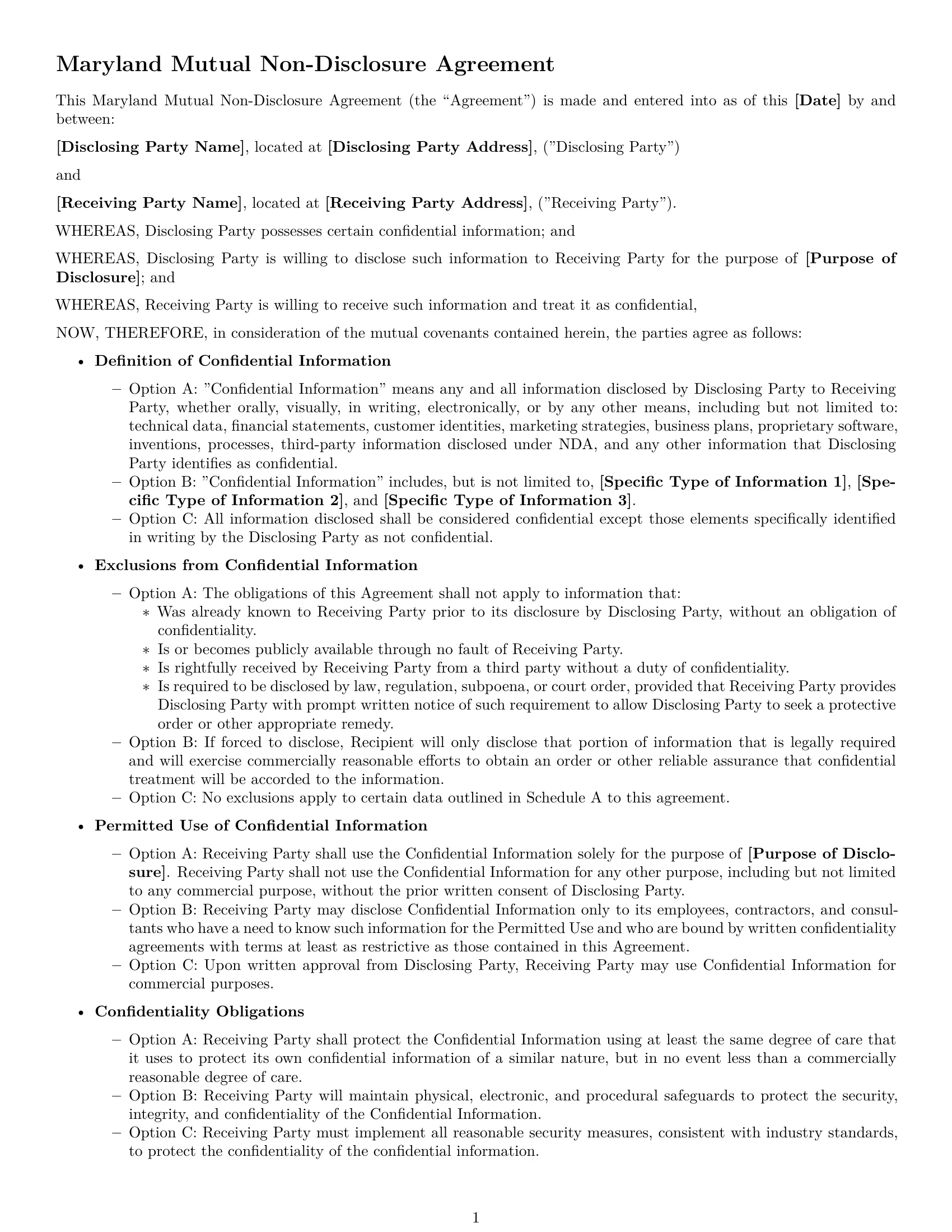 Preview page 1 of Free Maryland mutual nda template