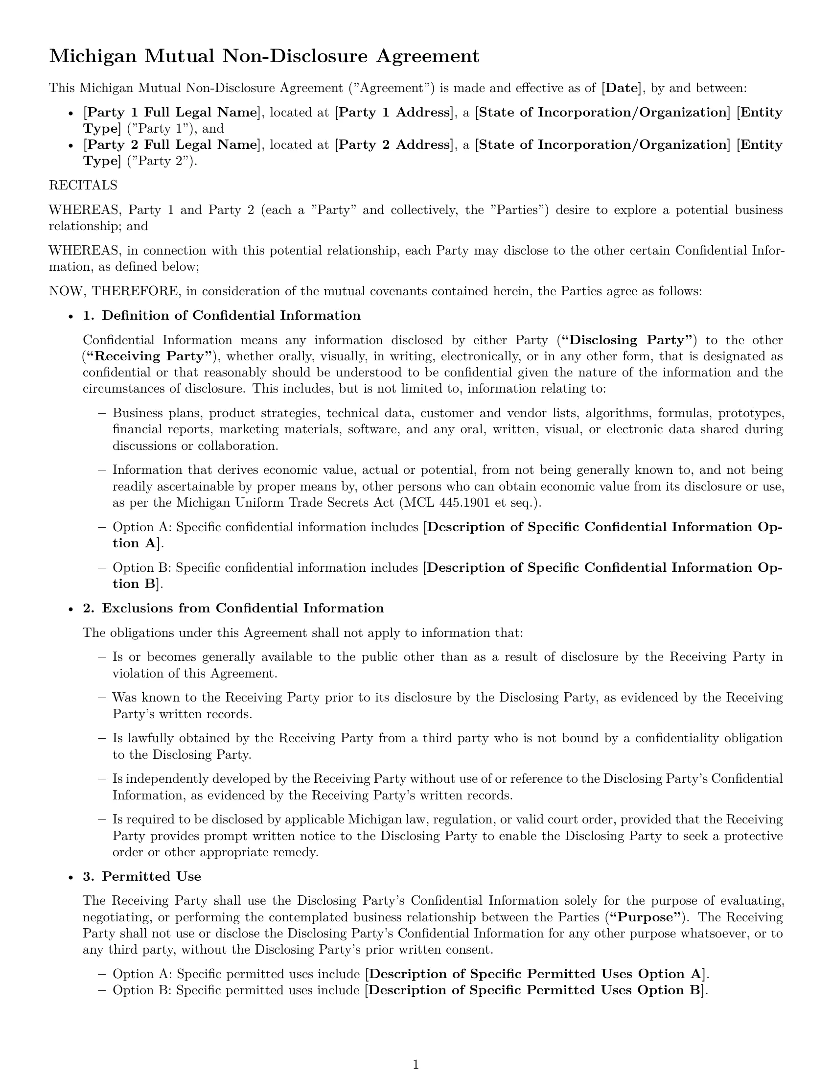 Preview page 1 of Free Michigan mutual nda template