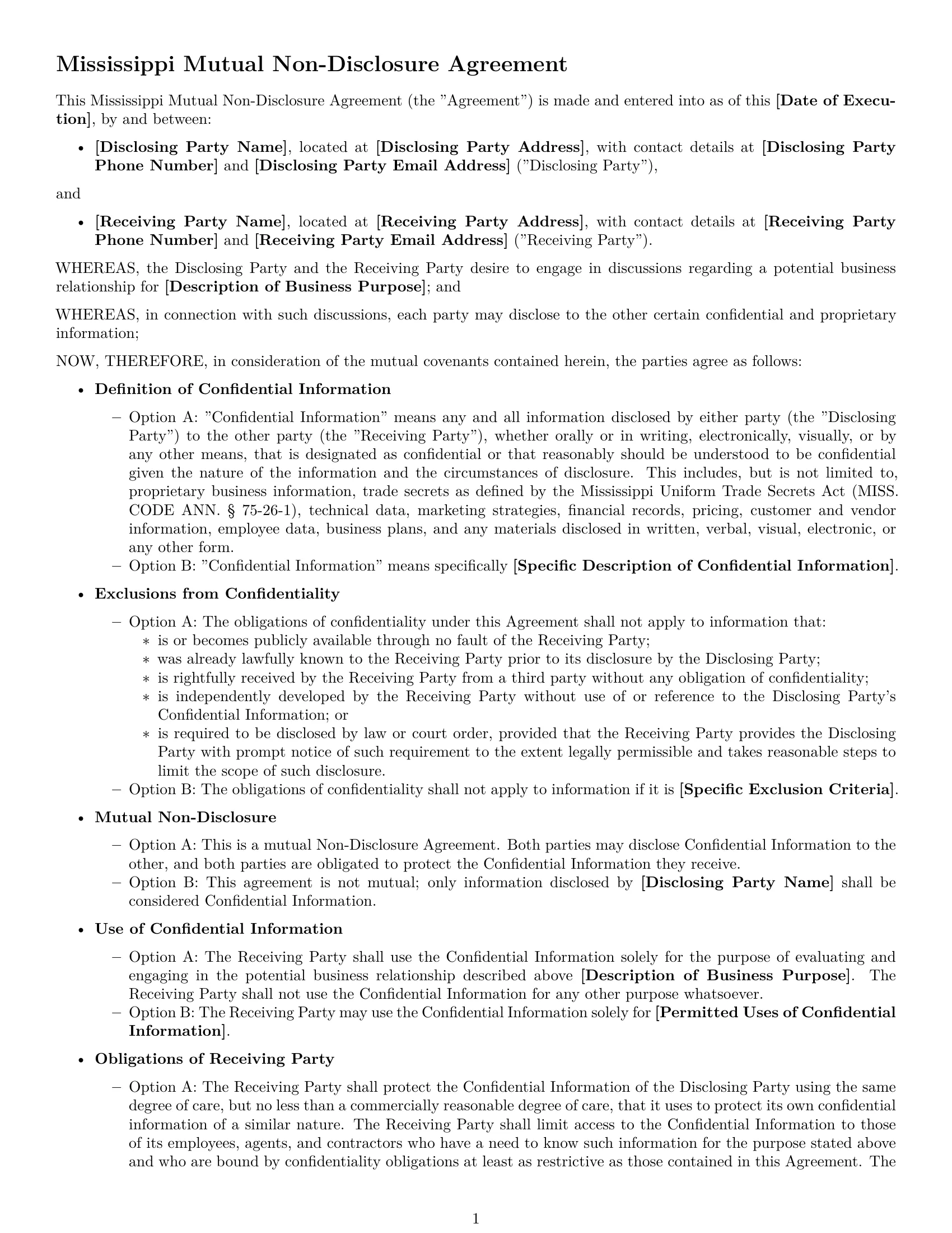 Preview page 1 of Free Mississippi mutual nda template