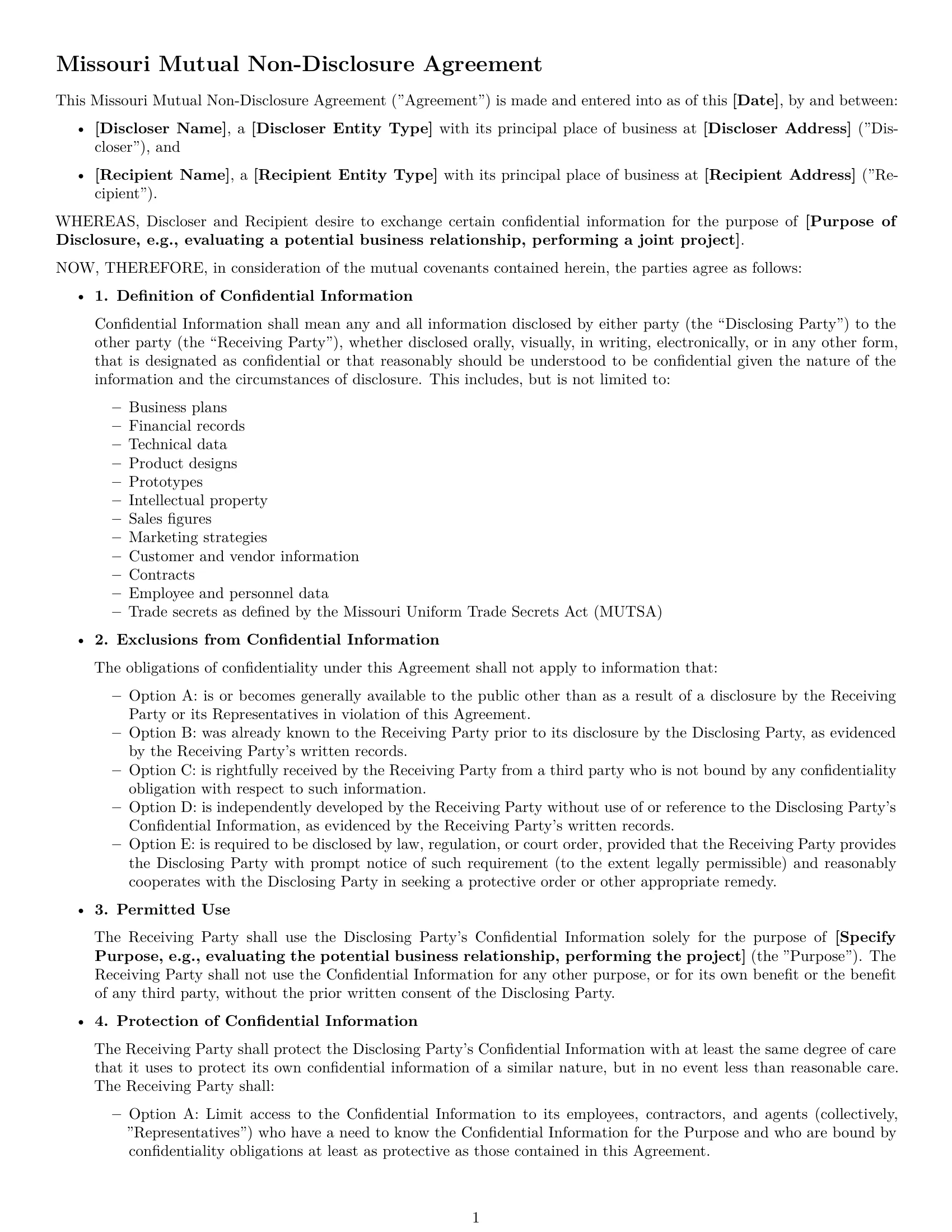 Preview page 1 of Free Missouri mutual nda template