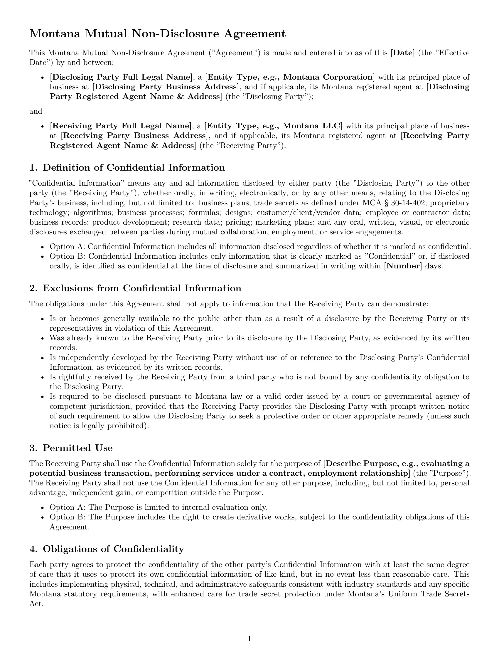 Preview page 1 of Free Montana mutual nda template