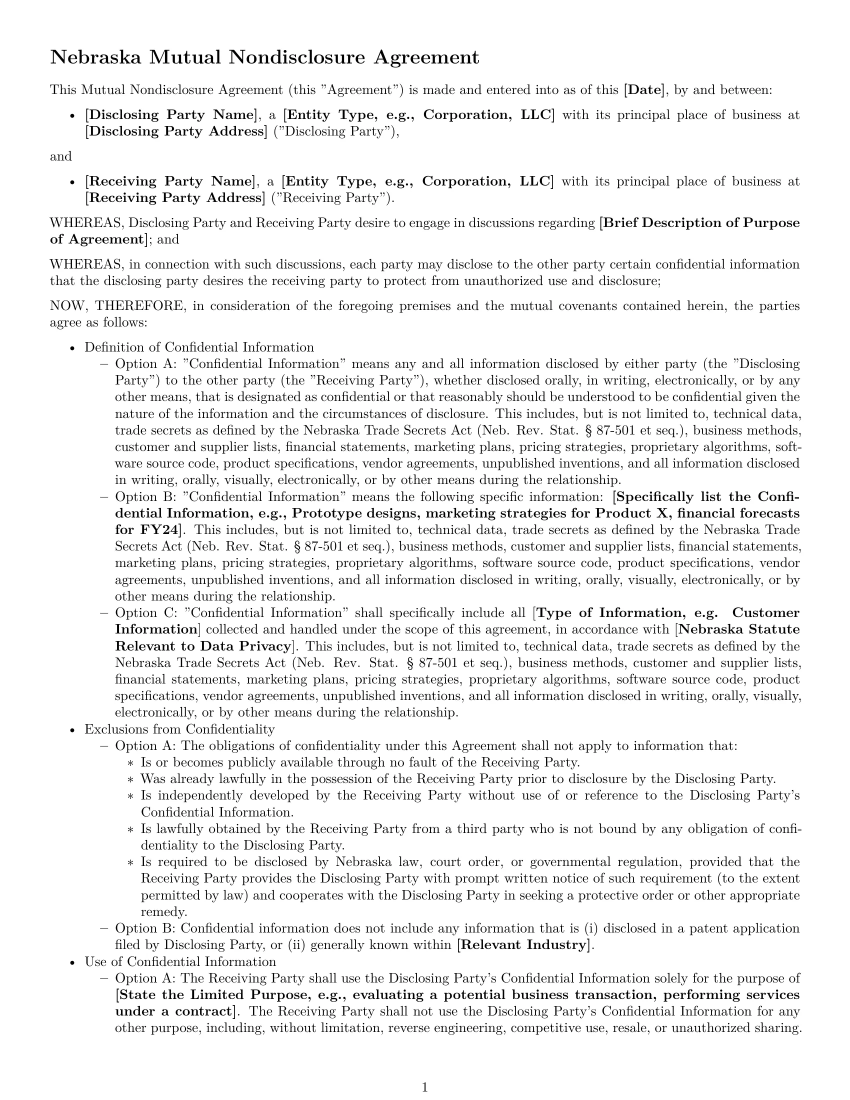Preview page 1 of Free Nebraska mutual nda template