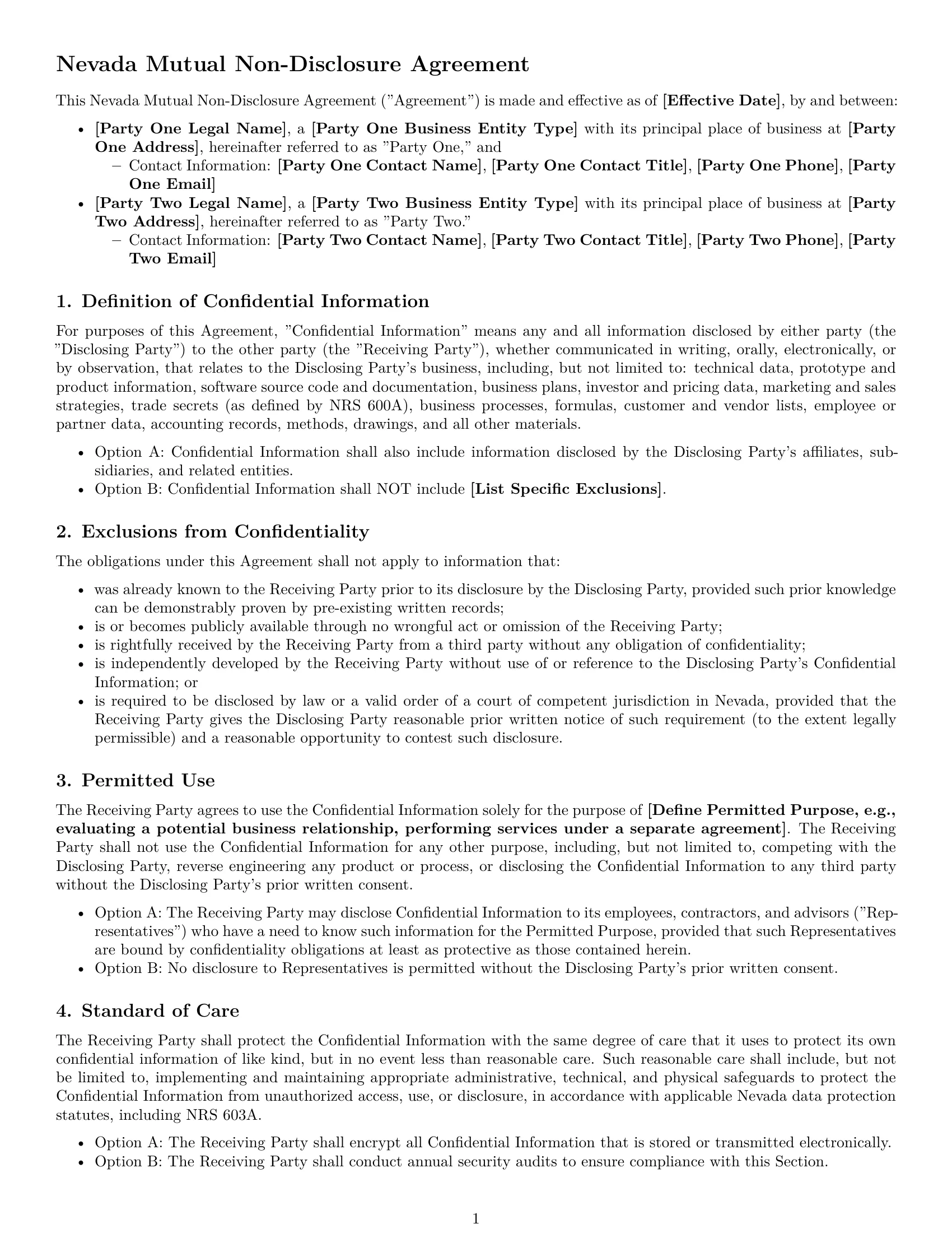 Preview page 1 of Free Nevada mutual nda template