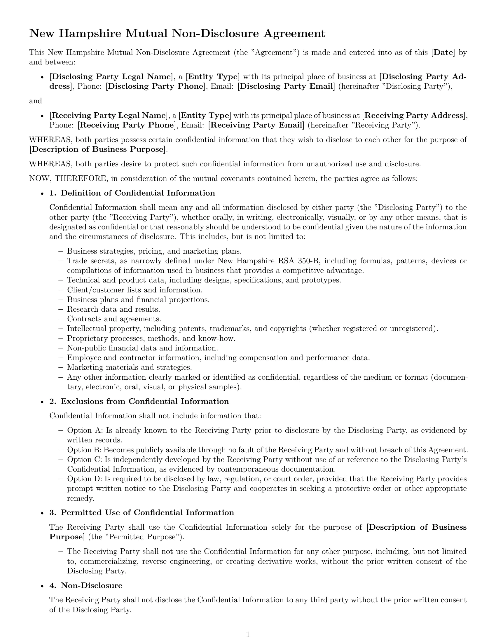 Preview page 1 of Free New Hampshire mutual nda template