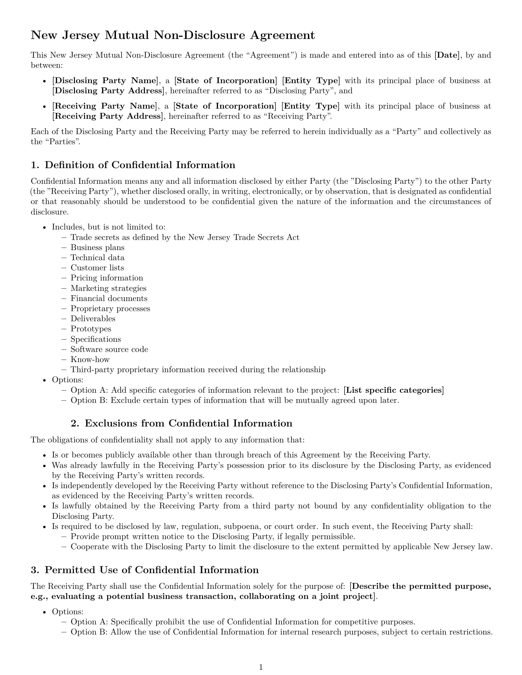 Preview page 1 of Free New Jersey mutual nda template