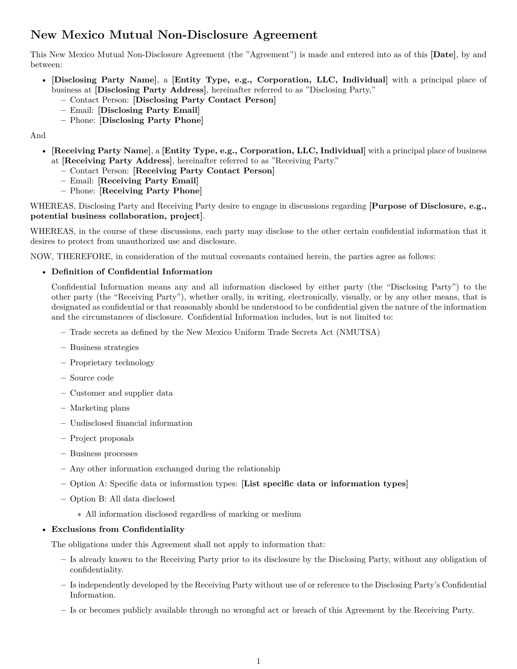 Preview page 1 of Free New Mexico mutual nda template