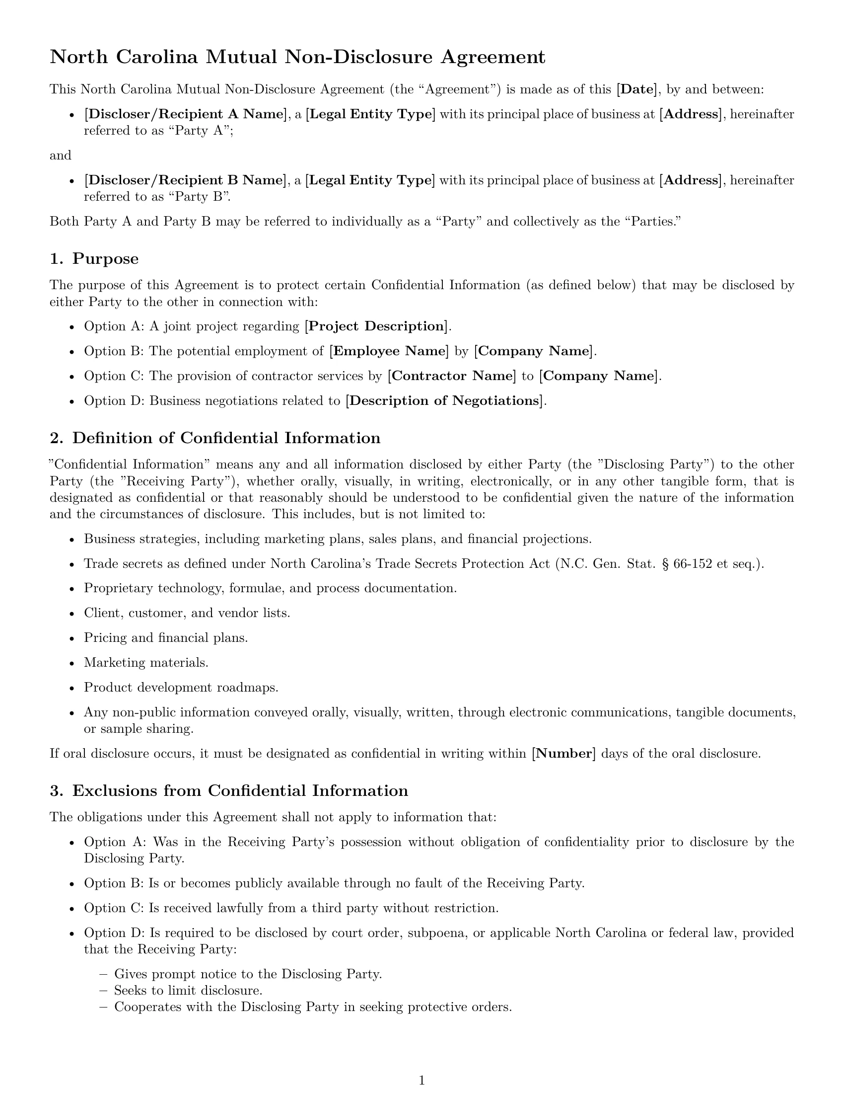Preview page 1 of Free North Carolina mutual nda template