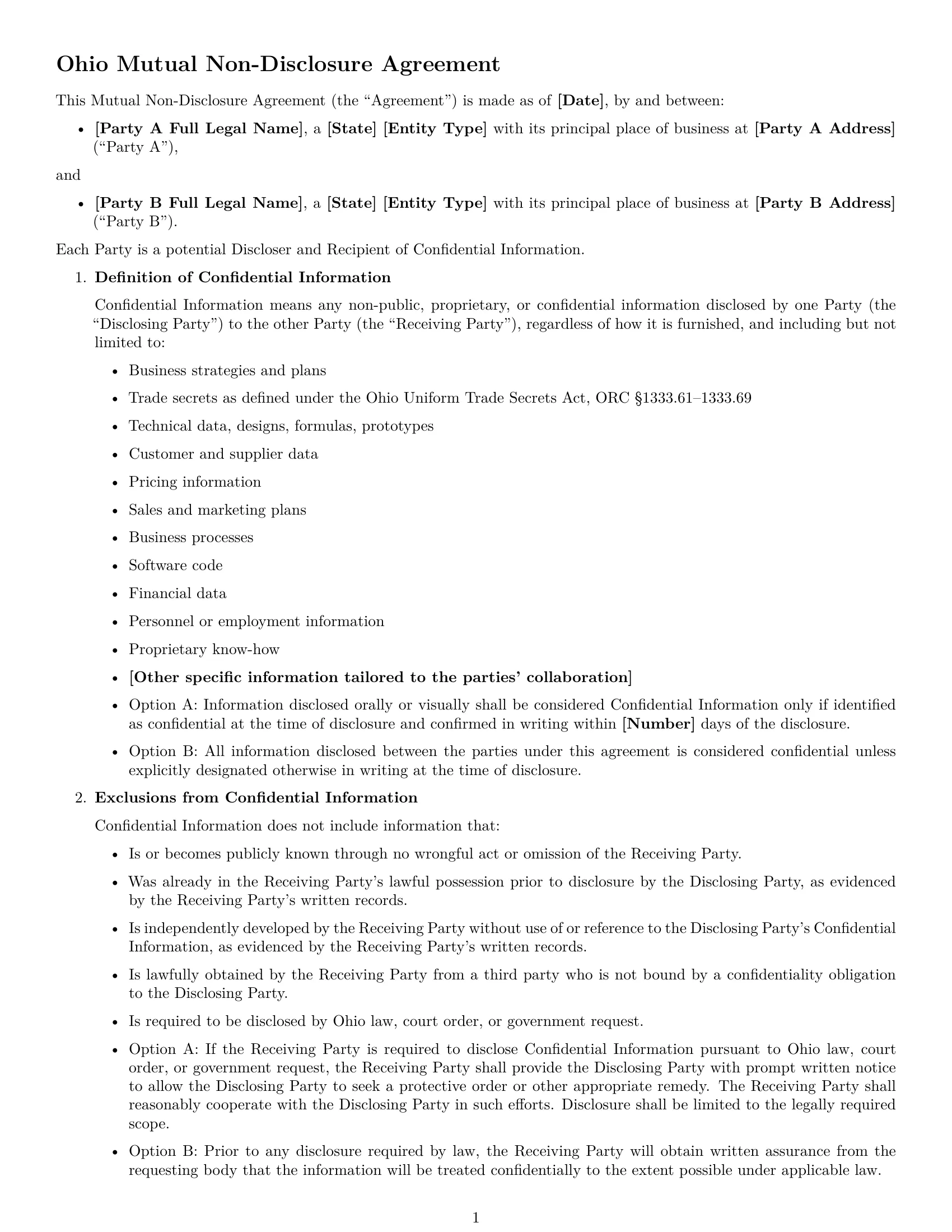 Preview page 1 of Free Ohio mutual nda template