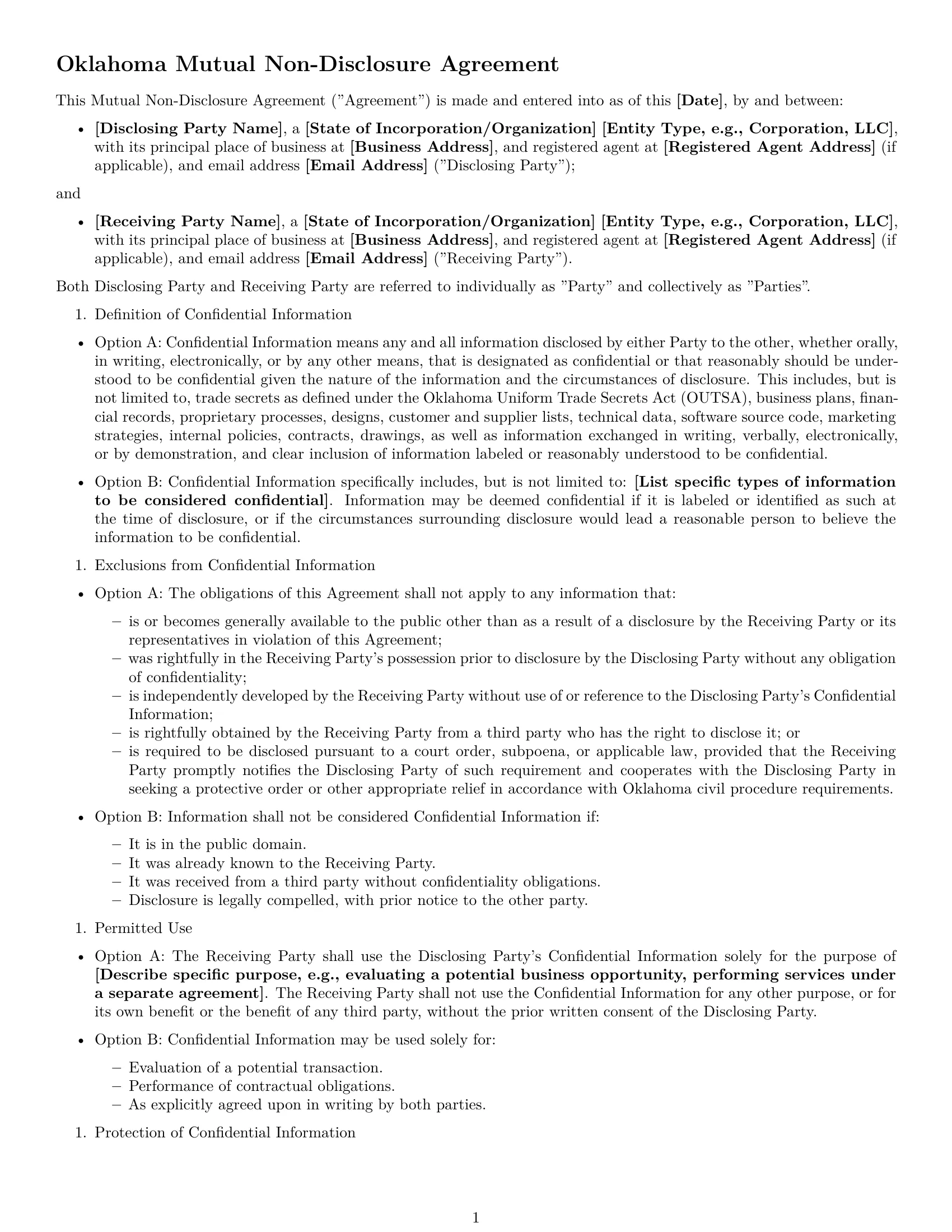 Preview page 1 of Free Oklahoma mutual nda template