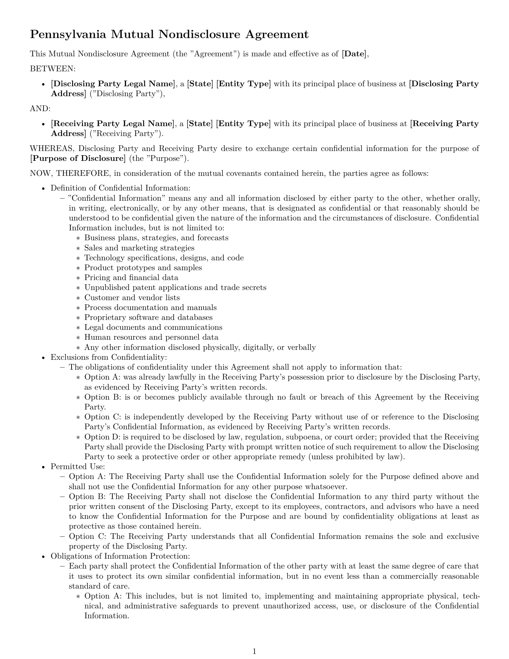 Preview page 1 of Free Pennsylvania mutual nda template