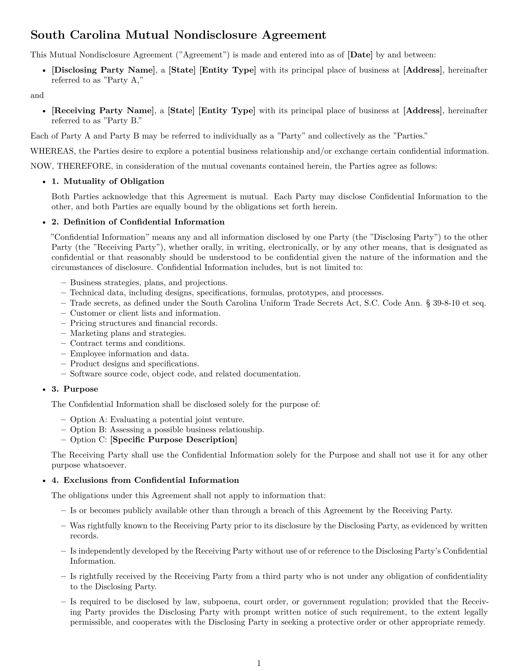 Preview page 1 of Free South Carolina mutual nda template