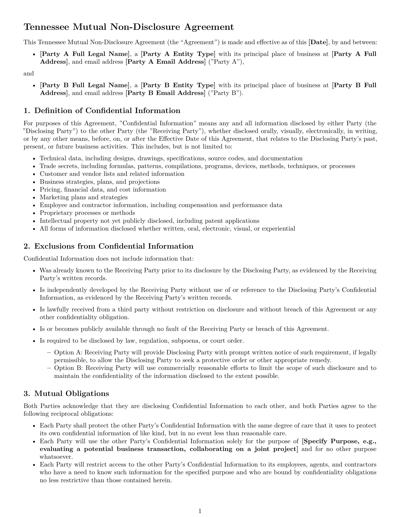 Preview page 1 of Free Tennessee mutual nda template