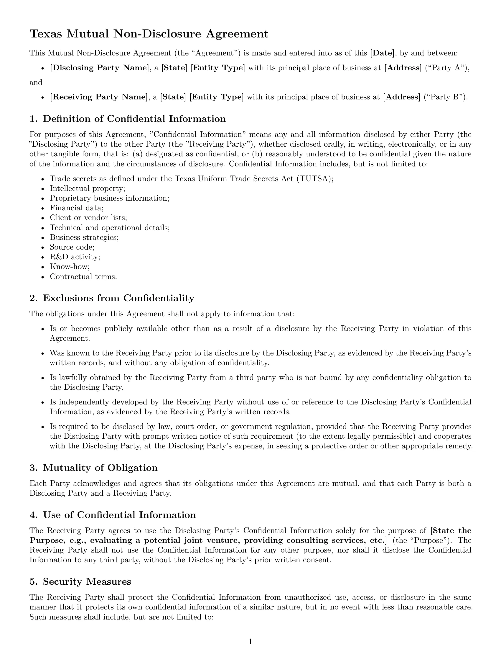 Preview page 1 of Free Texas mutual nda template