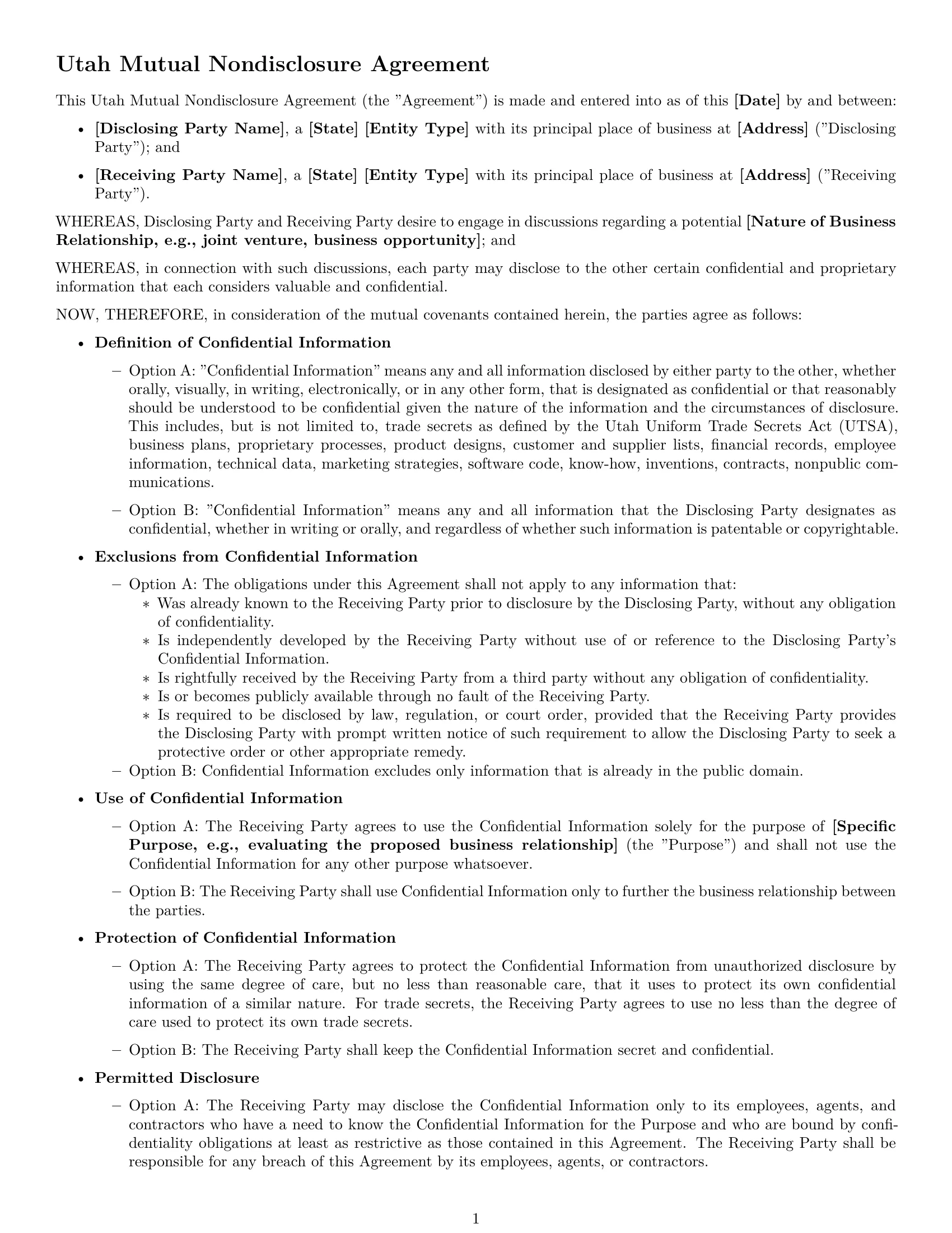 Preview page 1 of Free Utah mutual nda template