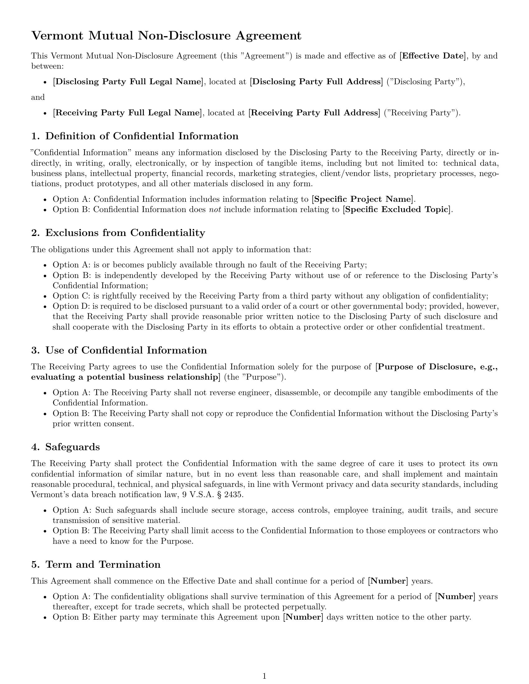 Preview page 1 of Free Vermont mutual nda template