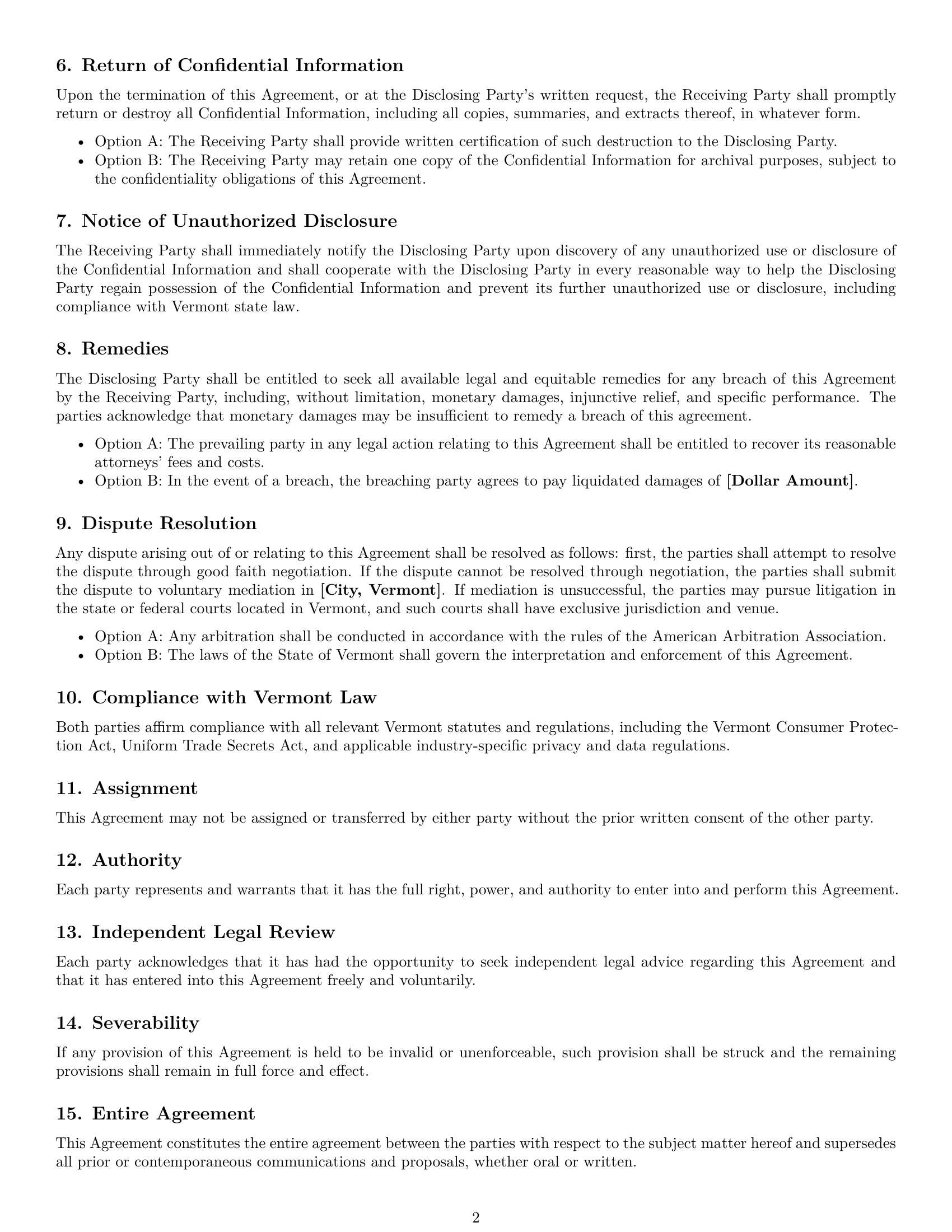 Preview page 2 of Free Vermont mutual nda template