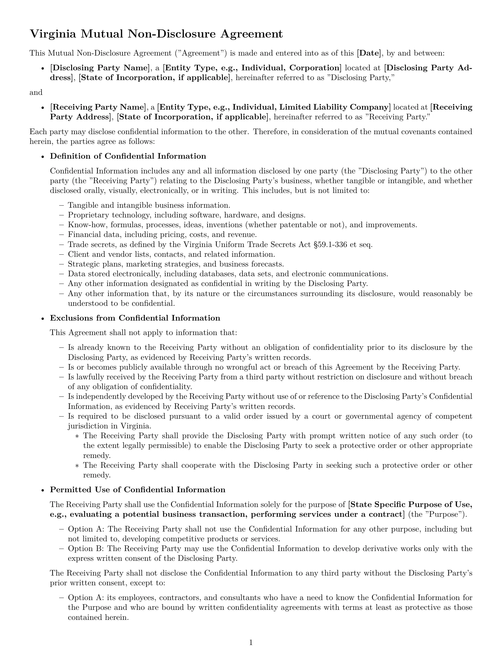 Preview page 1 of Free Virginia mutual nda template