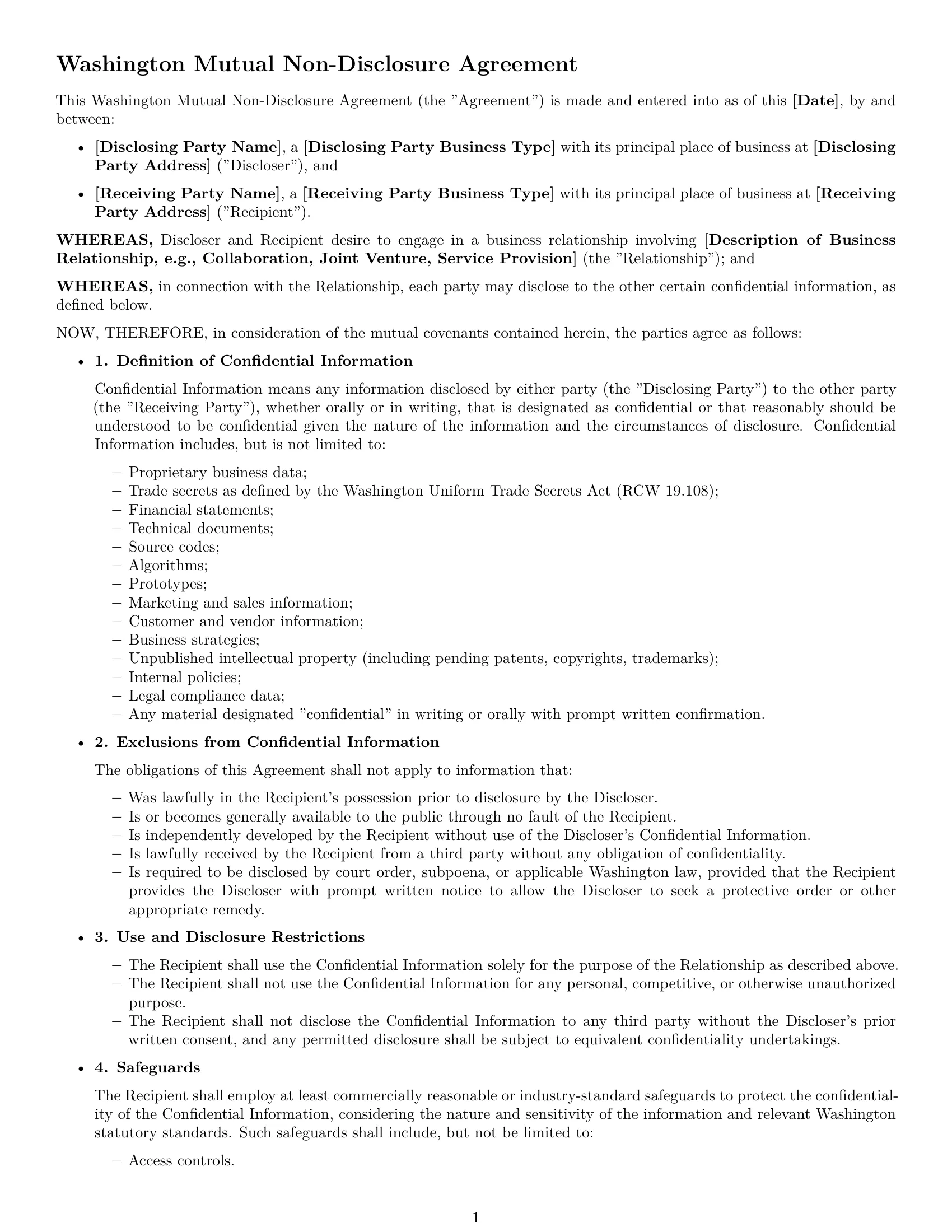 Preview page 1 of Free Washington mutual nda template