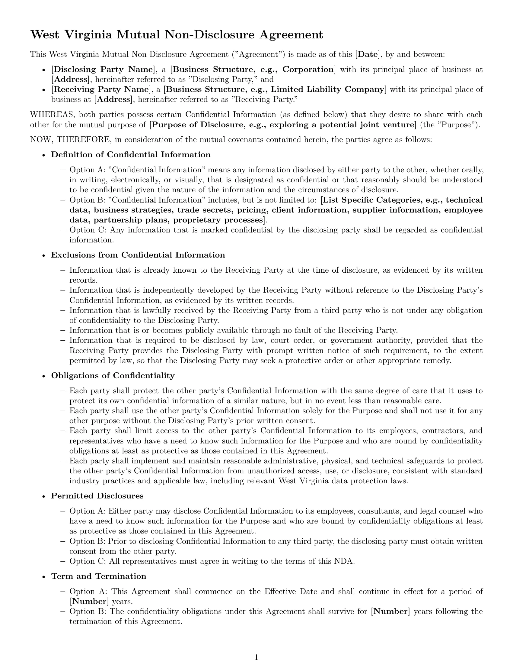 Preview page 1 of Free West Virginia mutual nda template