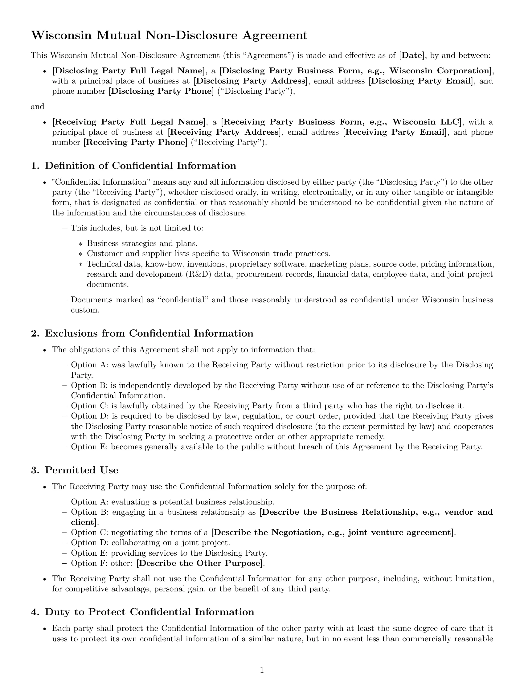 Preview page 1 of Free Wisconsin mutual nda template