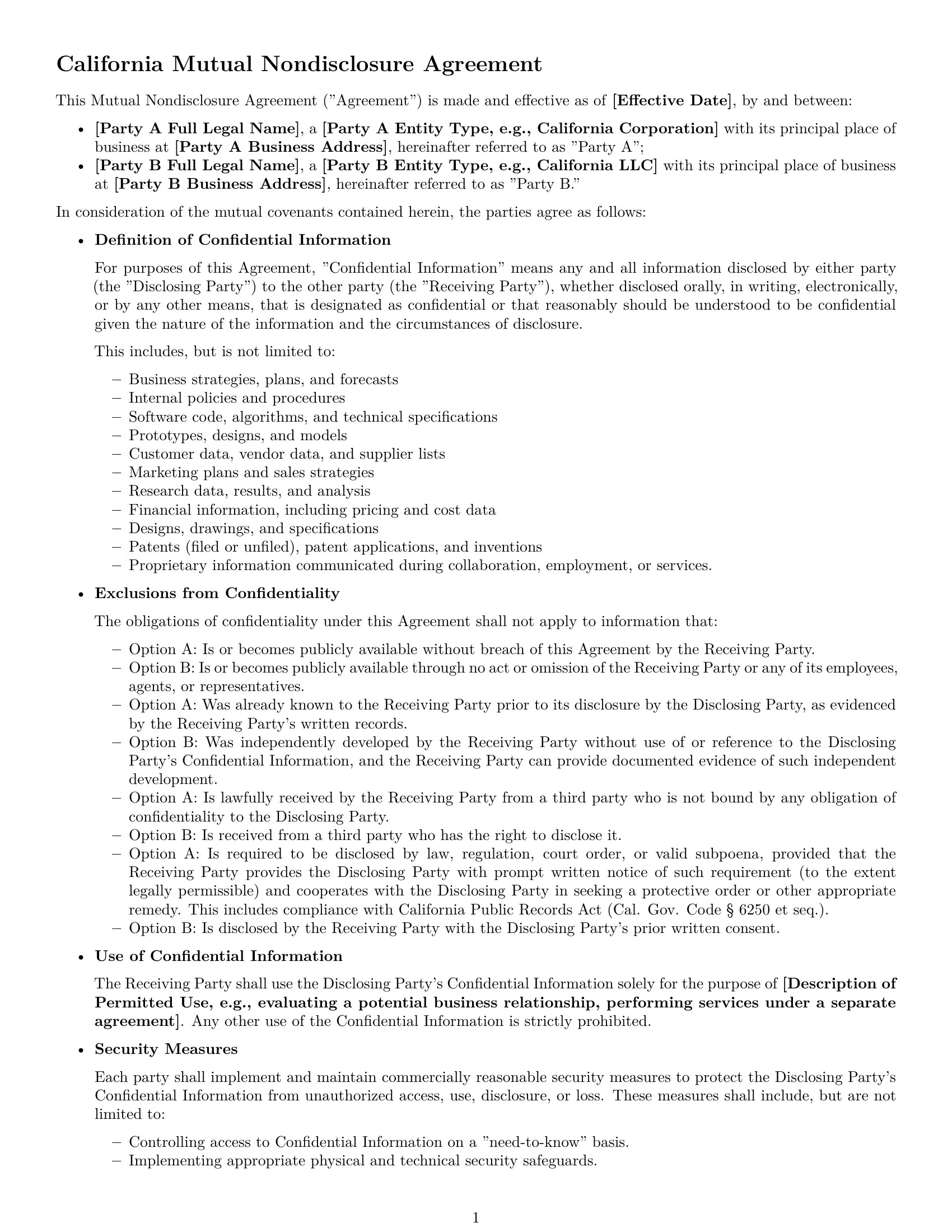 Preview page 1 of Free California mutual nda template