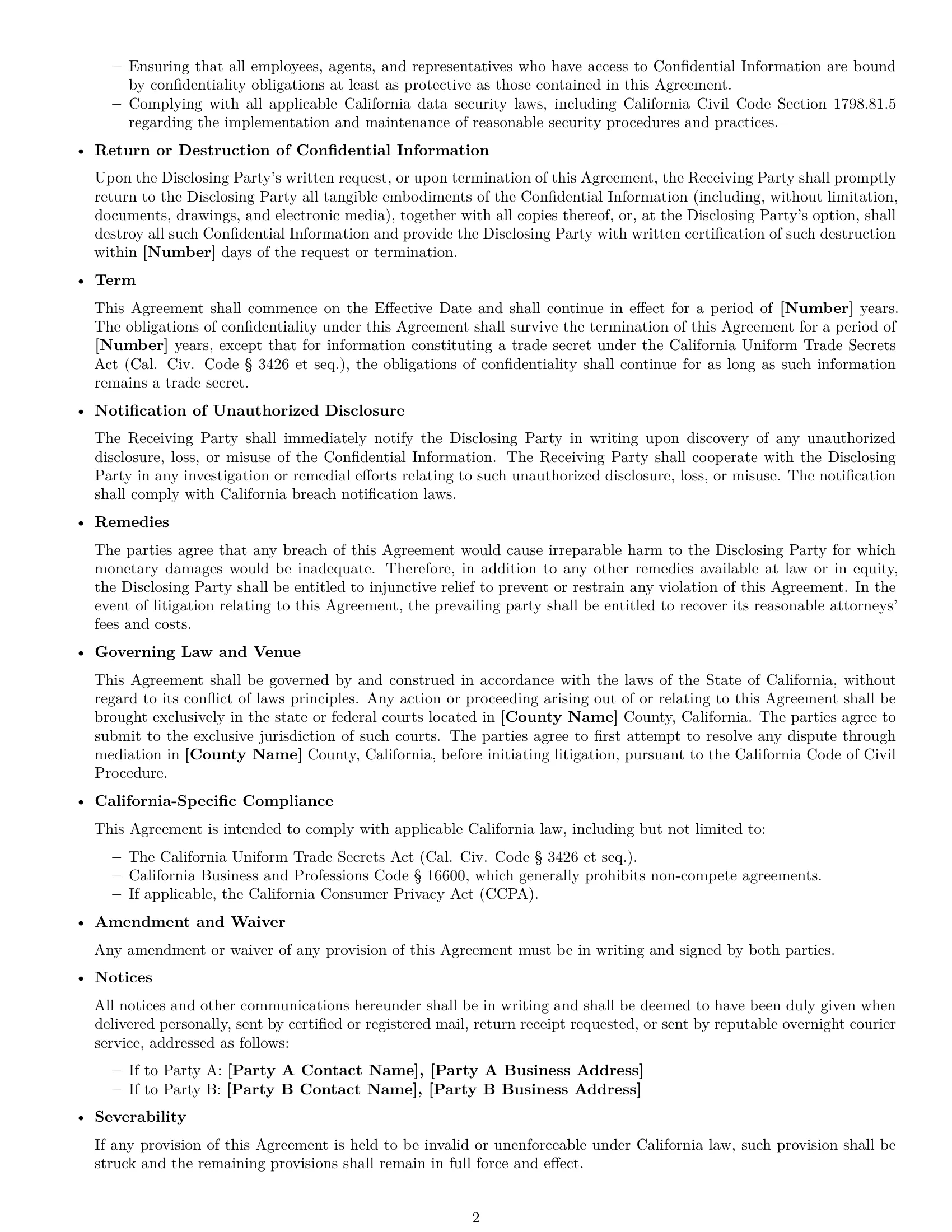 Preview page 2 of Free California mutual nda template