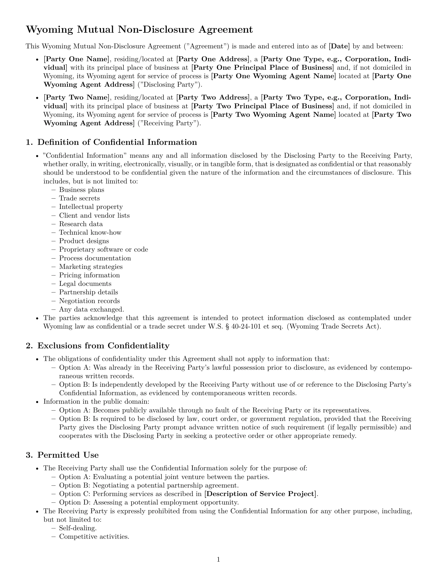 Preview page 1 of Free Wyoming mutual nda template