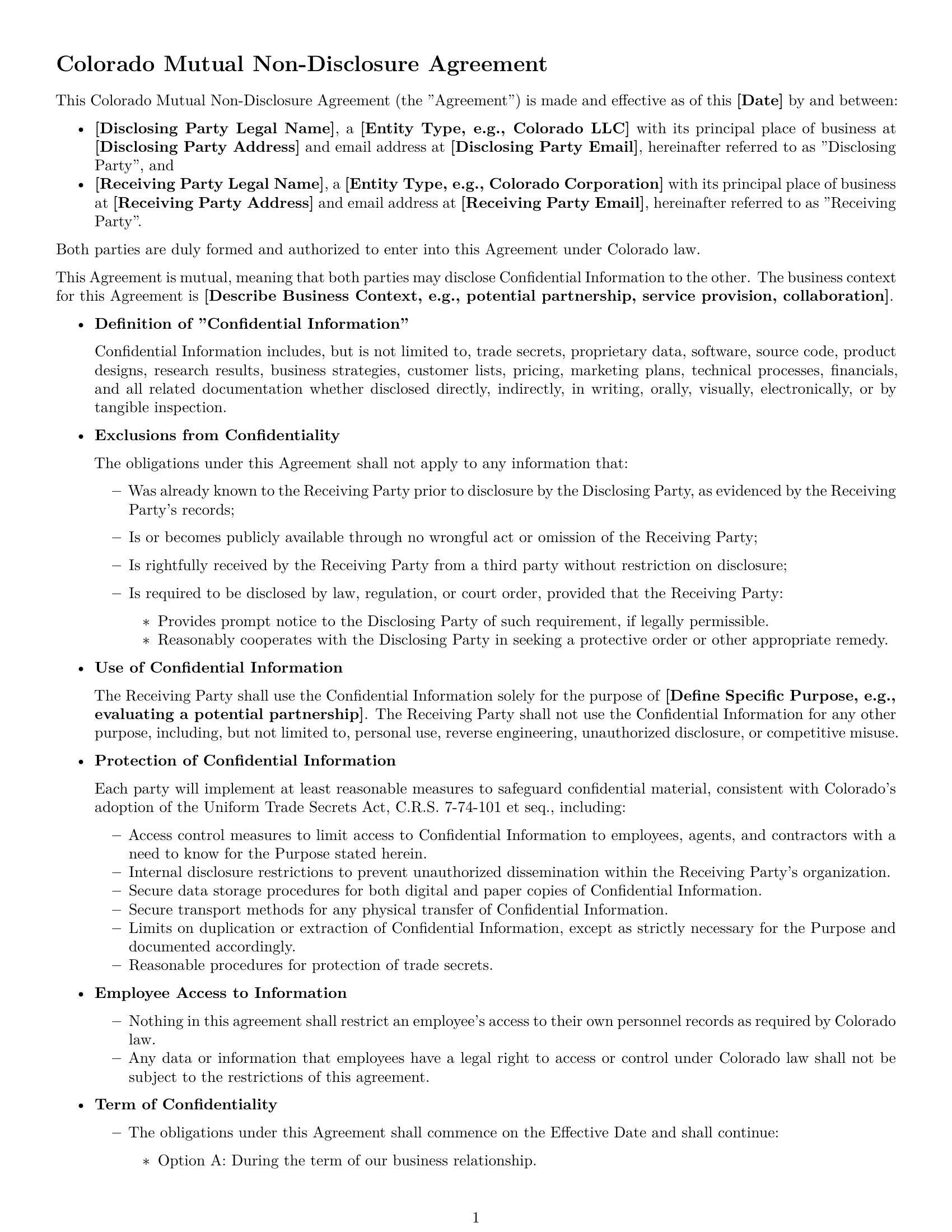 Preview page 1 of Free Colorado mutual nda template