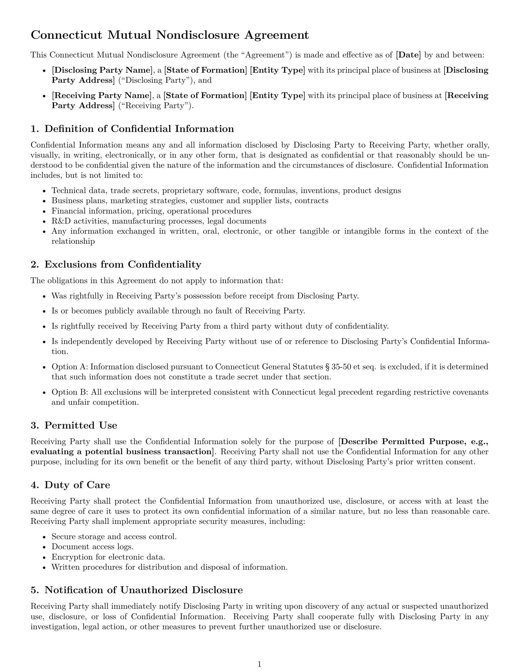 Preview page 1 of Free Connecticut mutual nda template