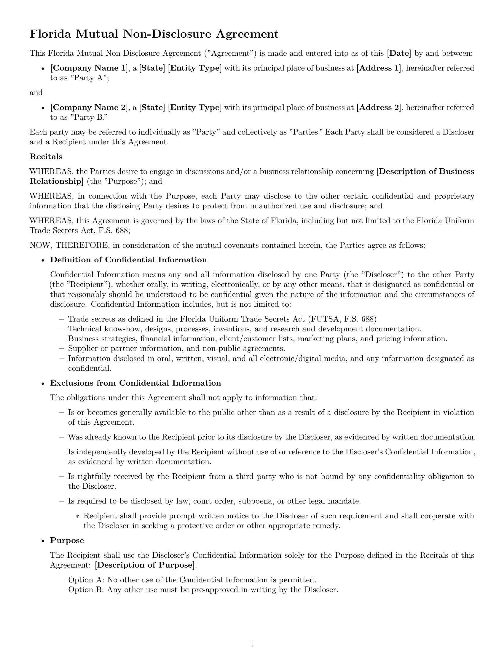Preview page 1 of Free Florida mutual nda template