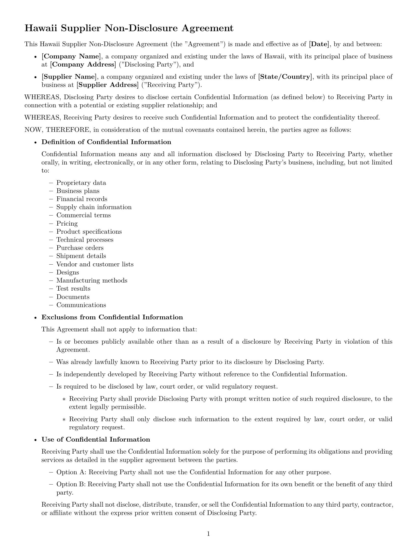 Preview page 1 of Free Hawaii supplier nda template