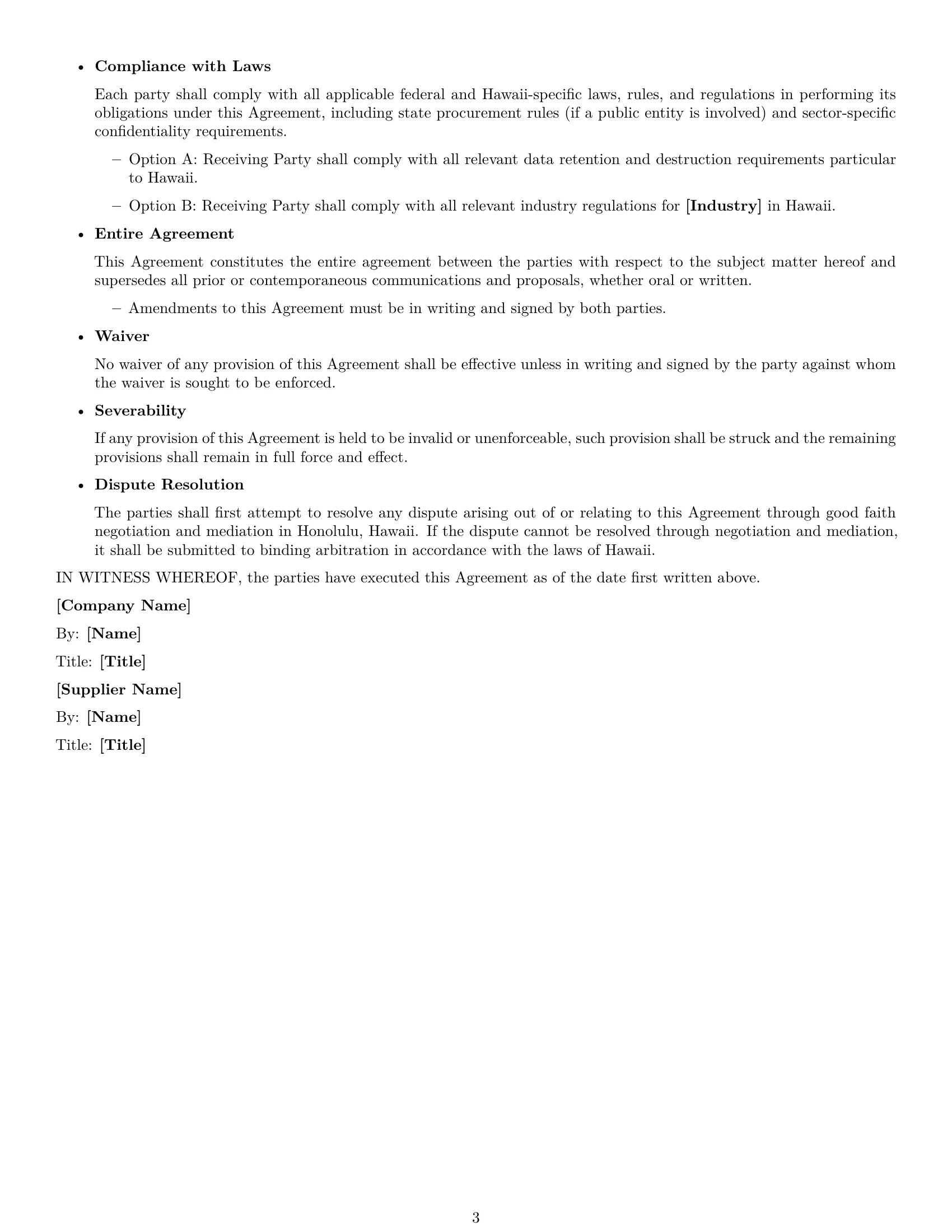 Preview page 3 of Free Hawaii supplier nda template