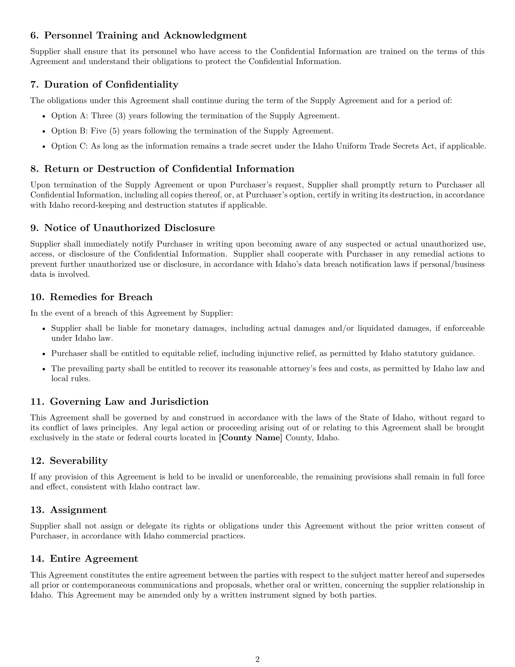 Preview page 2 of Free Idaho supplier nda template