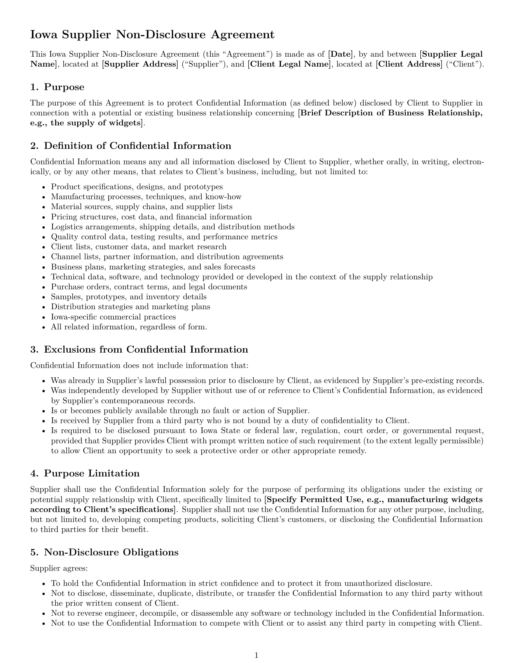 Preview page 1 of Free Iowa supplier nda template