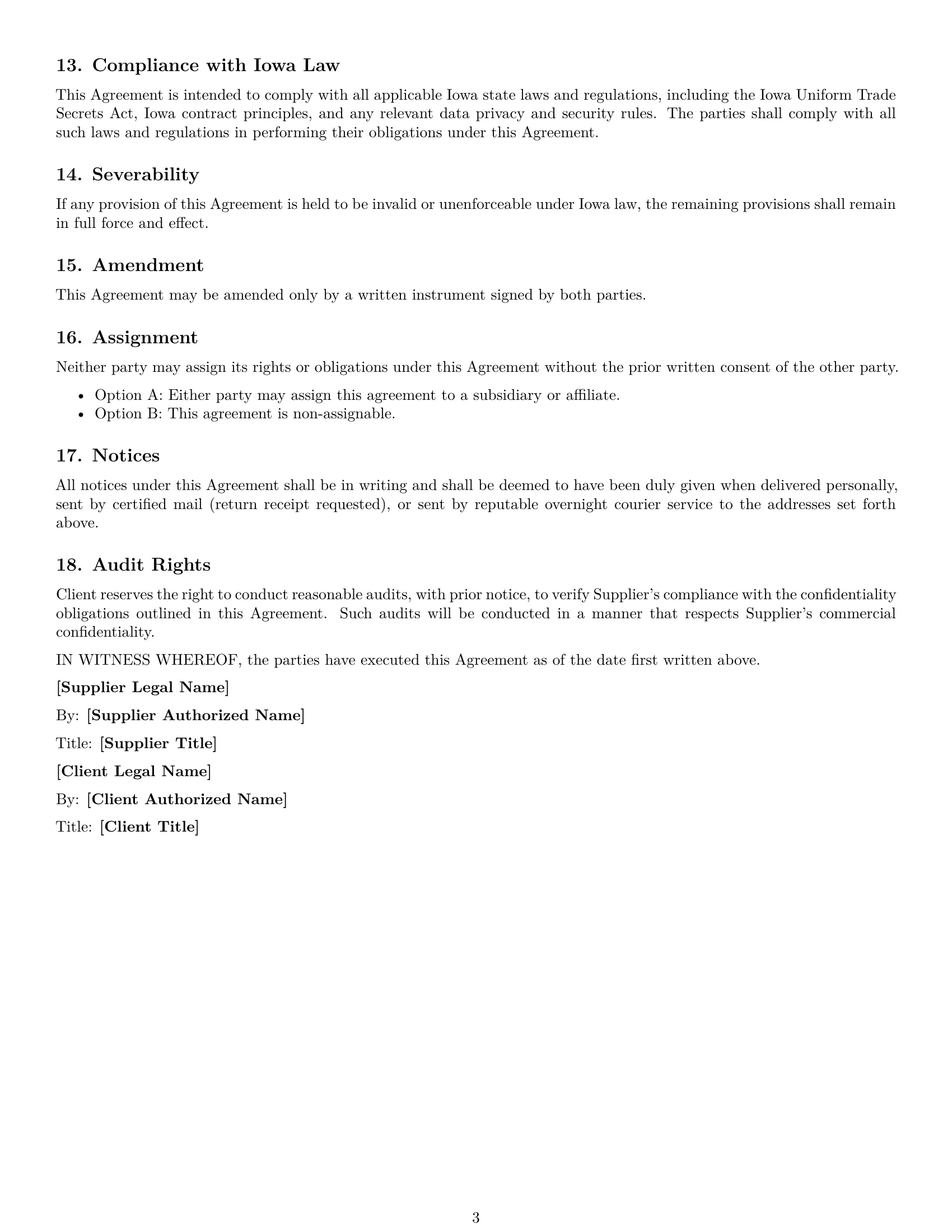Preview page 3 of Free Iowa supplier nda template