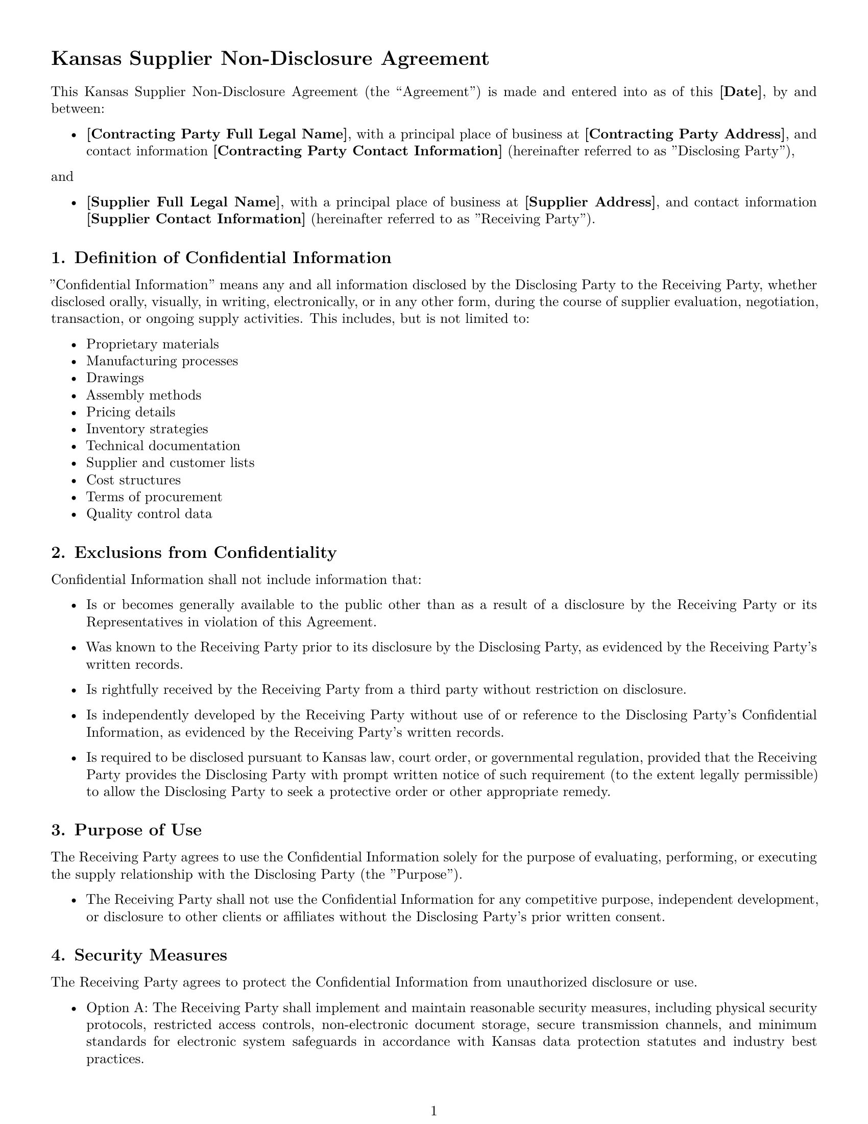 Preview page 1 of Free Kansas supplier nda template